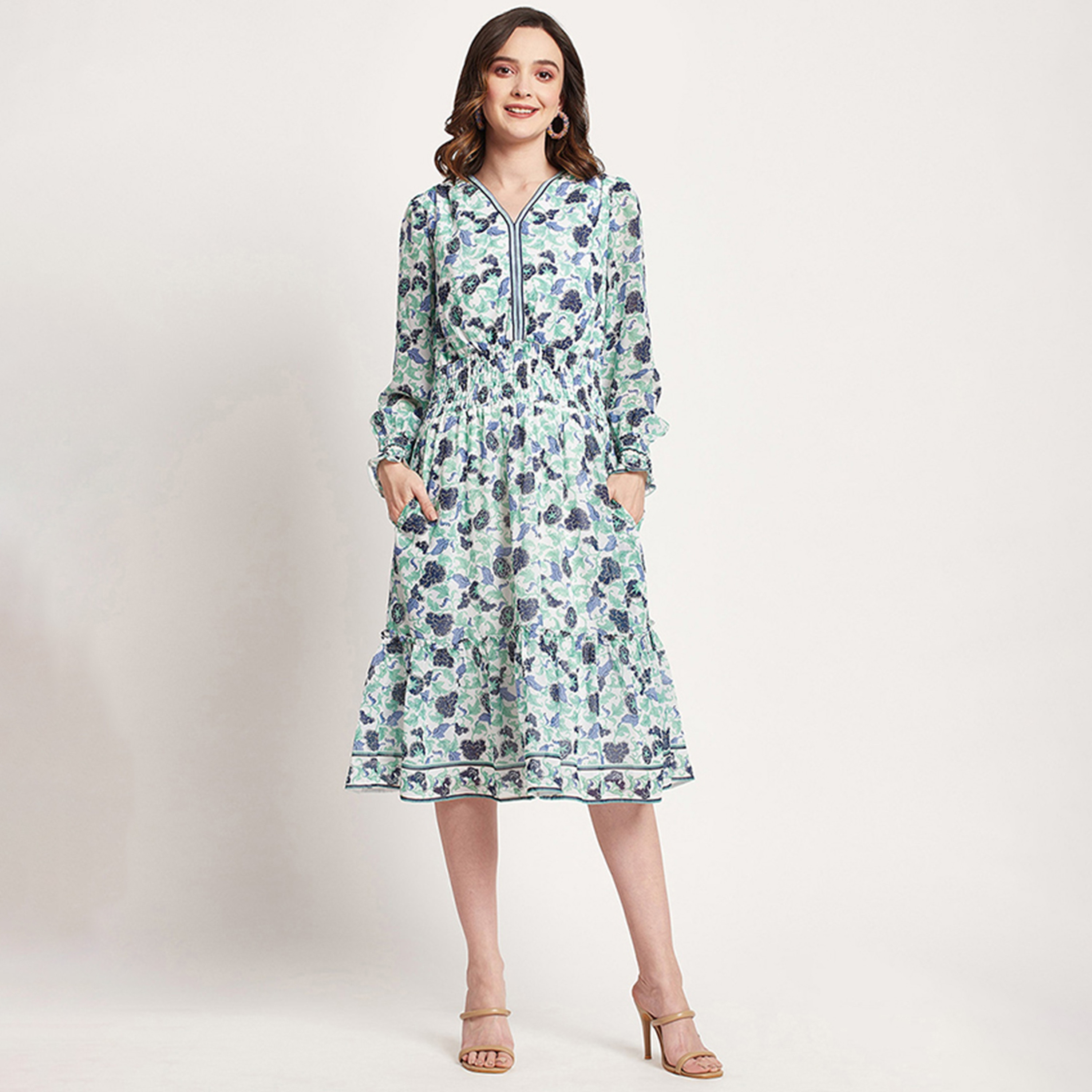 فستان ميدي ذو اى لاين بياقة على شكل فى مع طبعات من بيفرلي هيلز بولو كلوب-women-clothing-dresses-image-1