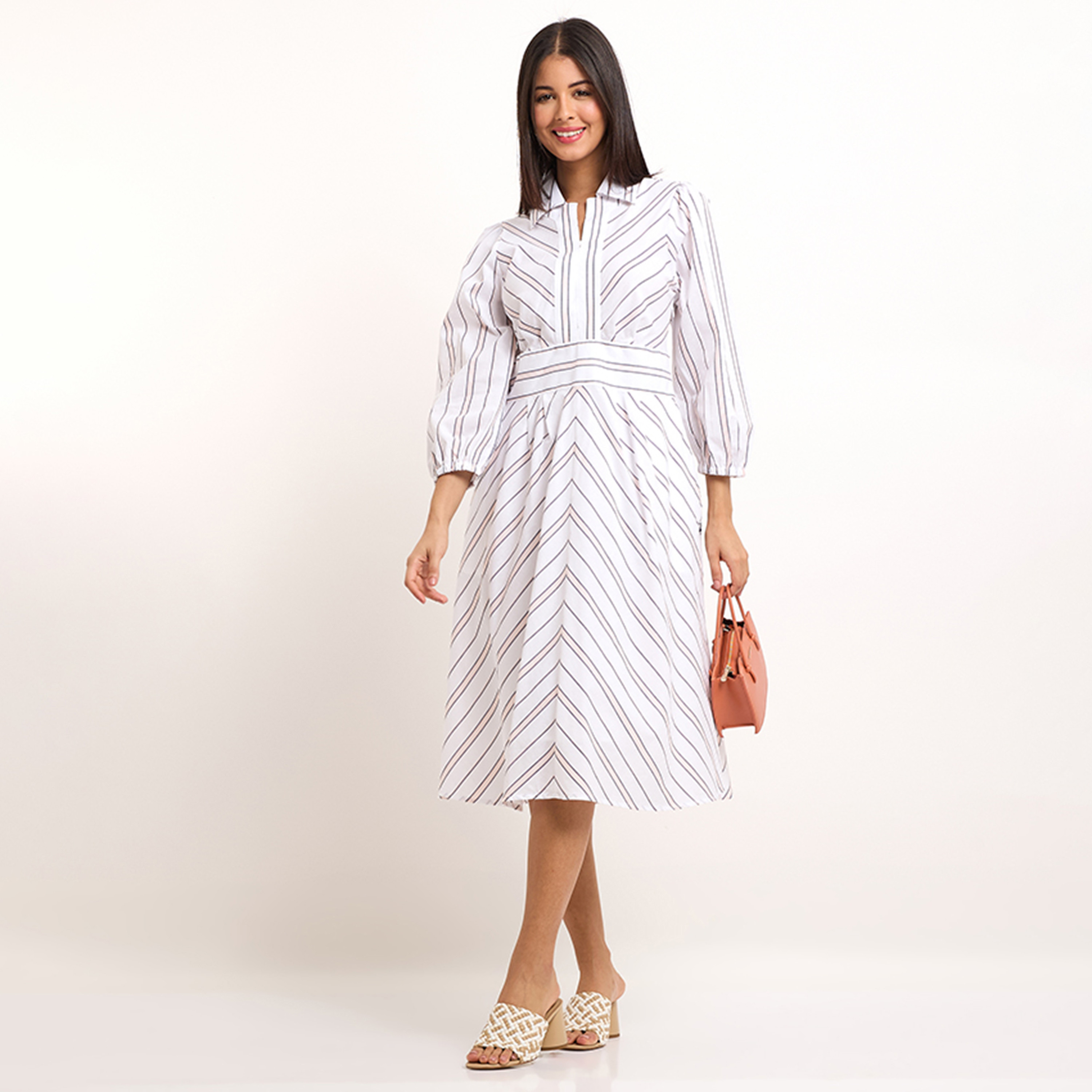 Beverly Hills Polo Club White Striped Collared Puff Sleeves A-Line Midi Women's Dress-women-clothing-dresses-image-3