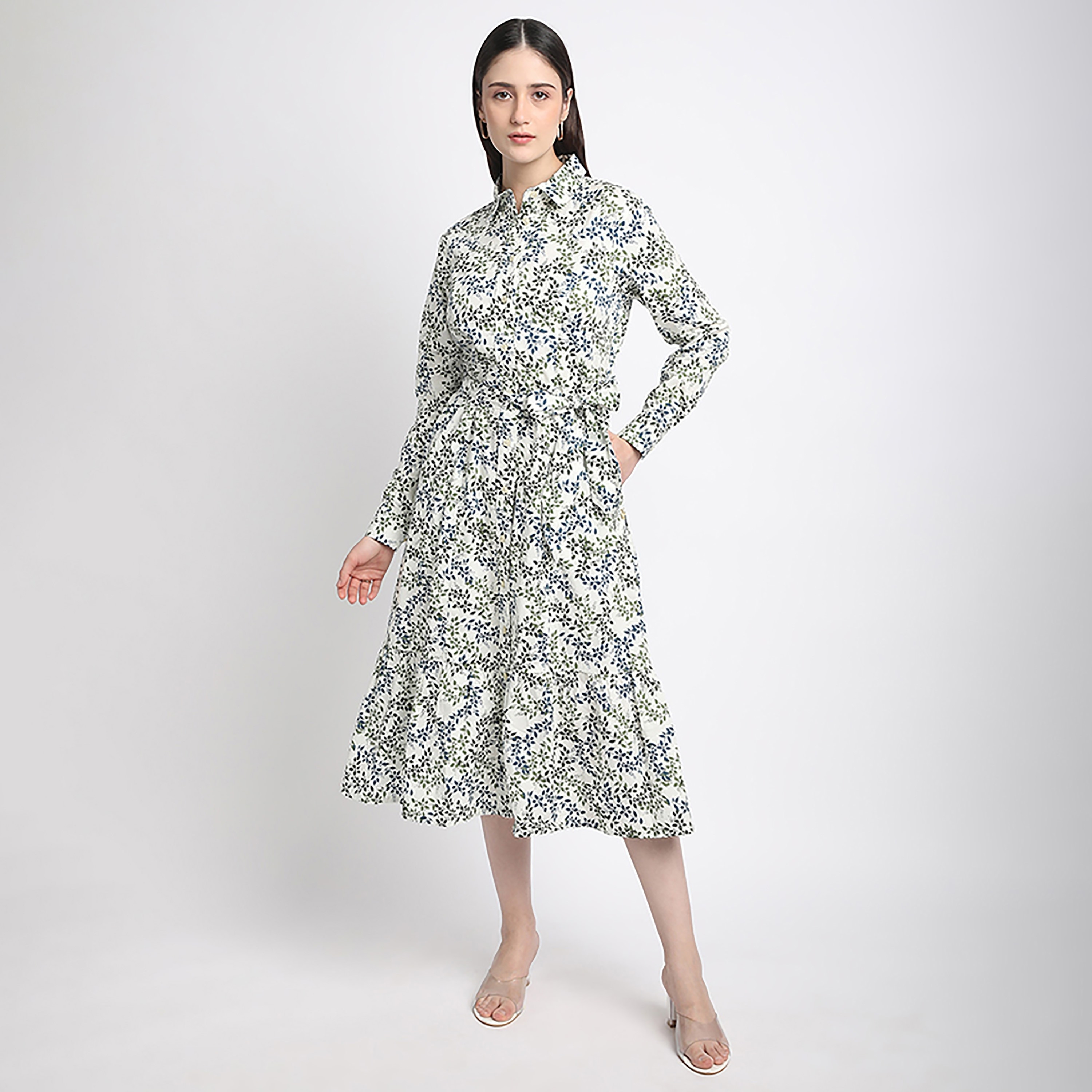 Beverly Hills Polo Club Multicolour Leaf Print Cuffed Sleeves Women's Shirt Midi Dress-women-clothing-dresses-image-1