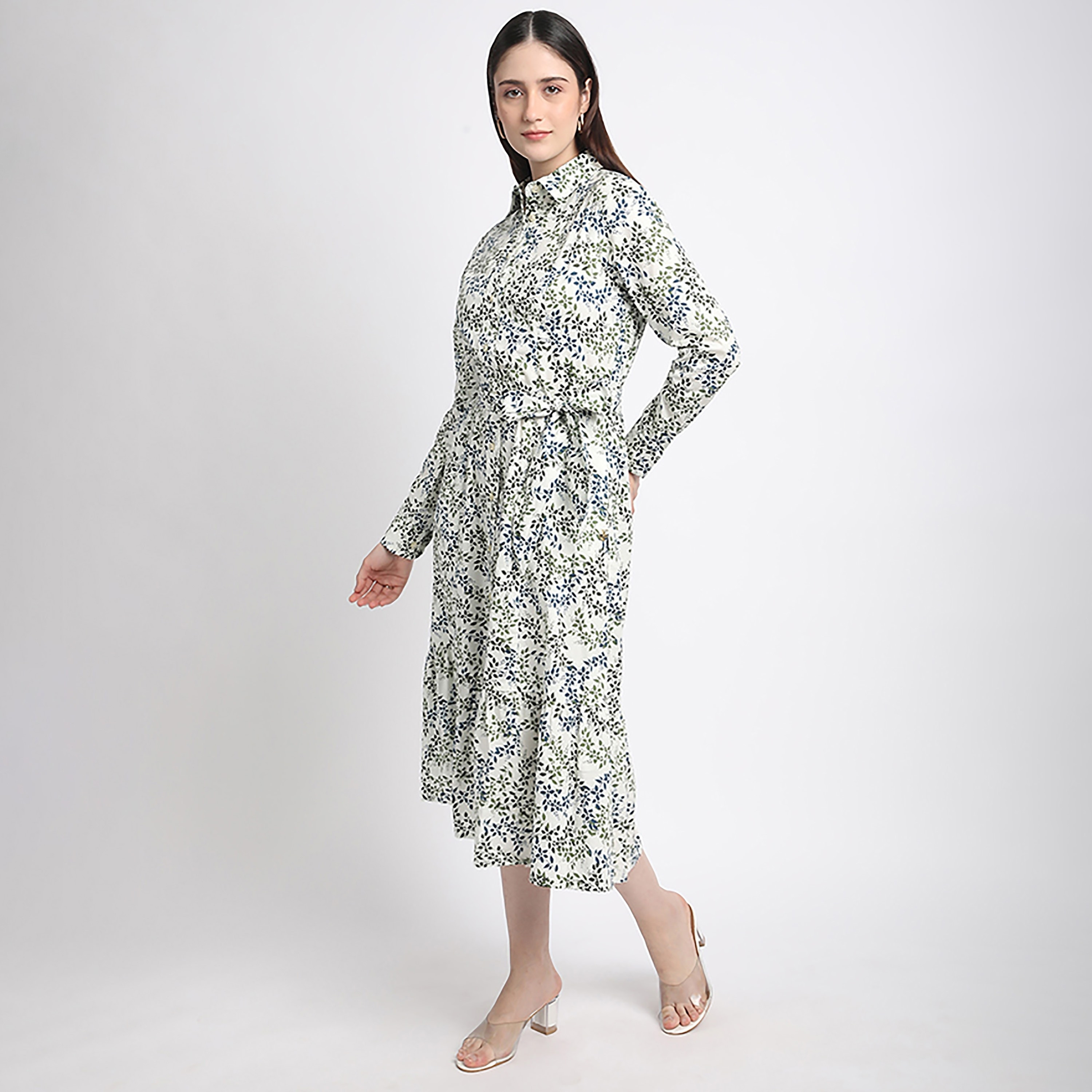 Beverly Hills Polo Club Multicolour Leaf Print Cuffed Sleeves Women's Shirt Midi Dress-women-clothing-dresses-image-2