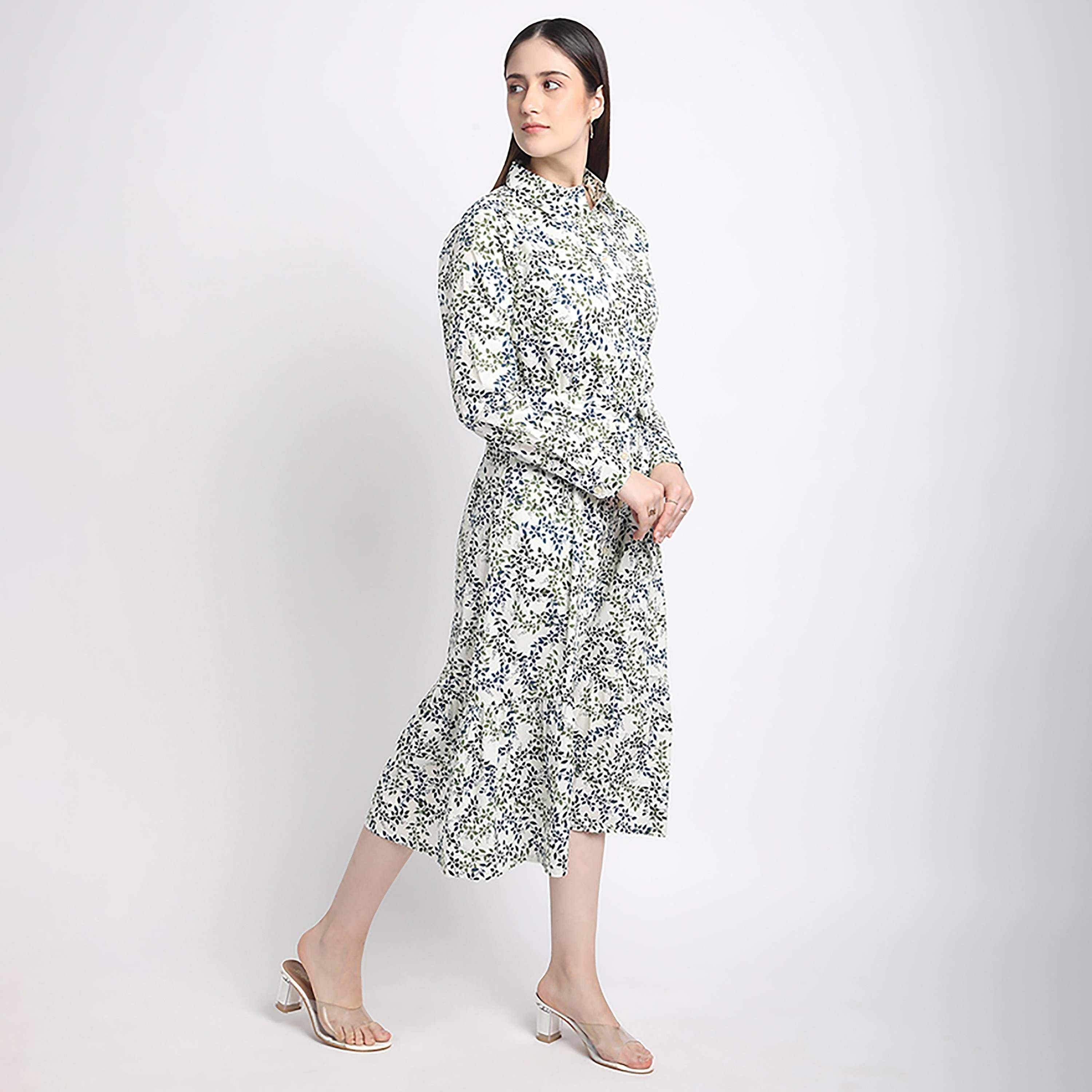 Beverly Hills Polo Club Multicolour Leaf Print Cuffed Sleeves Women's Shirt Midi Dress-women-clothing-dresses-image-3