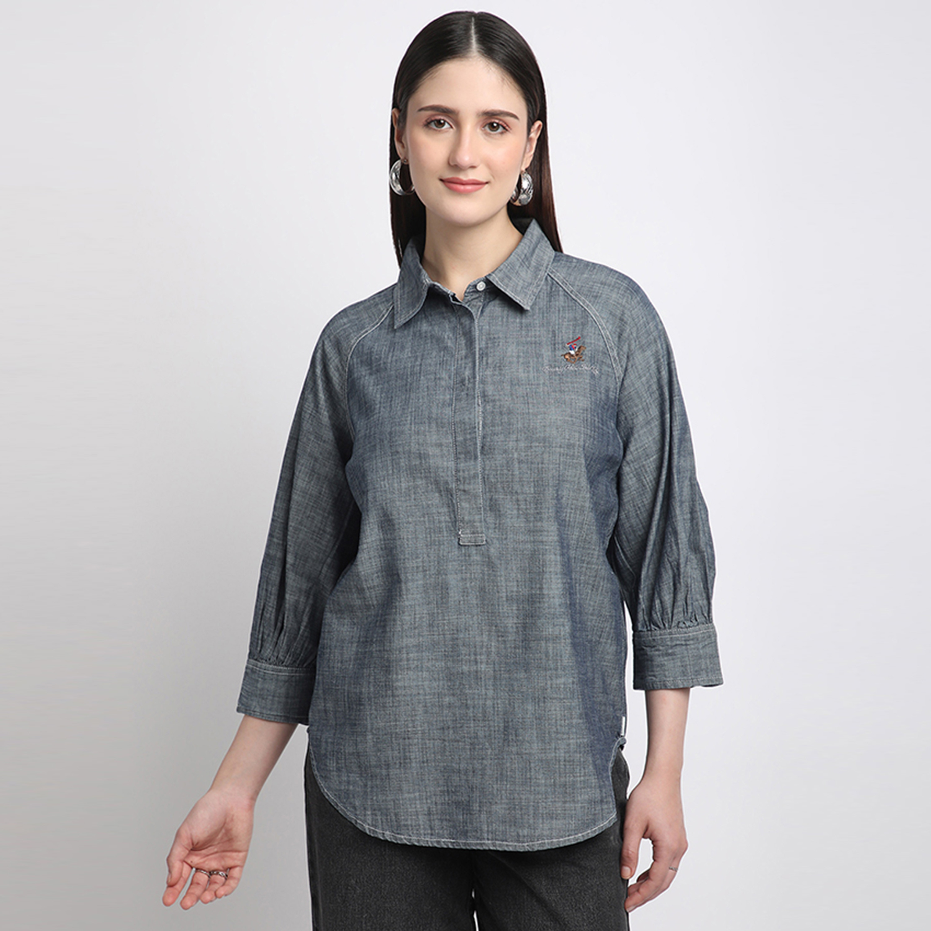بيفرلي هيلز كلوب-  بلوزة نسائية منسوجة بأكمام ثلاثة أرباع وياقة منقوشة-women-clothing-shirtsandblouses-shirts-image-1