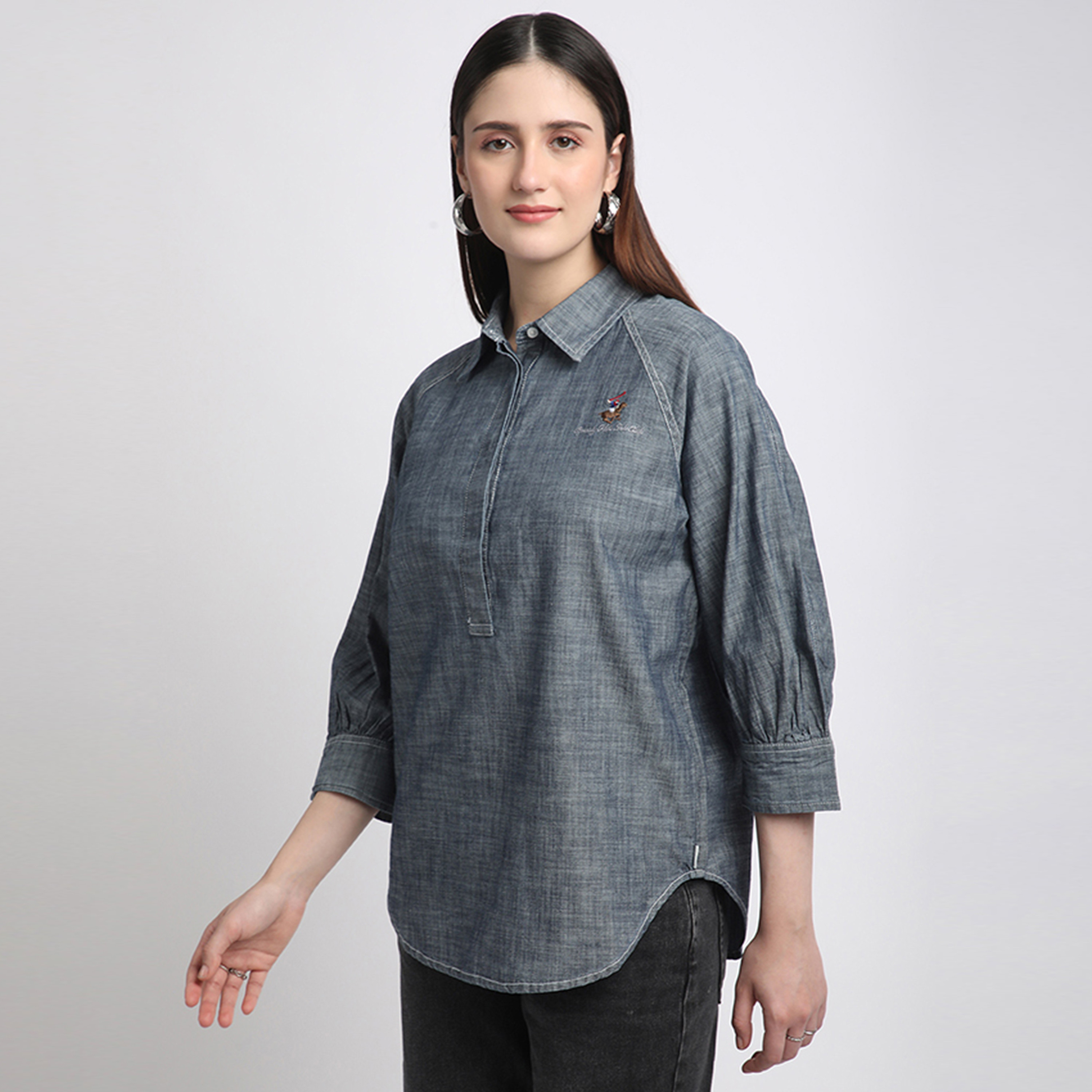 بيفرلي هيلز كلوب-  بلوزة نسائية منسوجة بأكمام ثلاثة أرباع وياقة منقوشة-women-clothing-shirtsandblouses-shirts-image-2