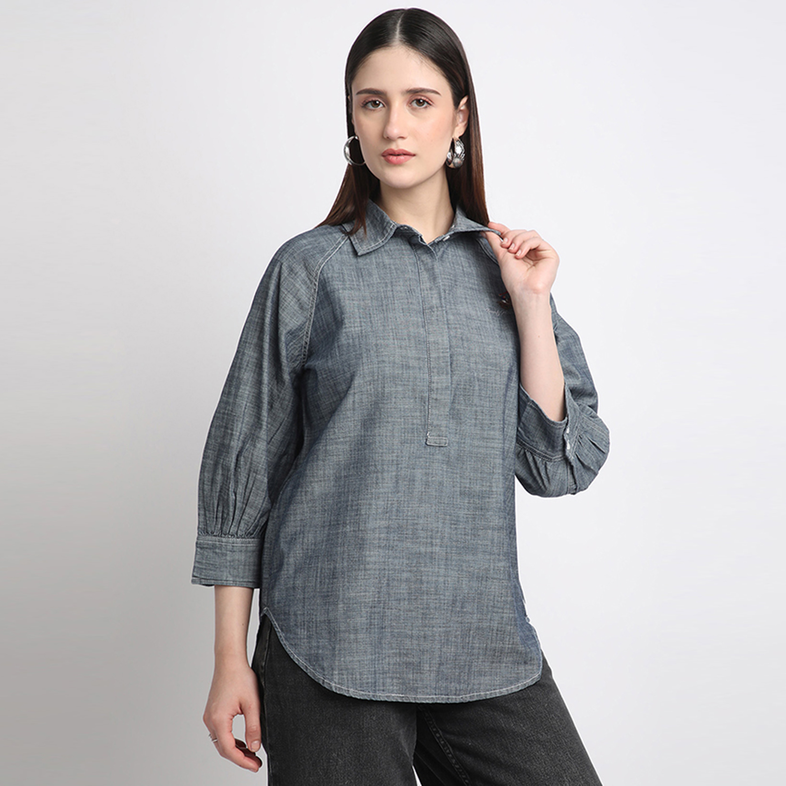 بيفرلي هيلز كلوب-  بلوزة نسائية منسوجة بأكمام ثلاثة أرباع وياقة منقوشة-women-clothing-shirtsandblouses-shirts-image-3