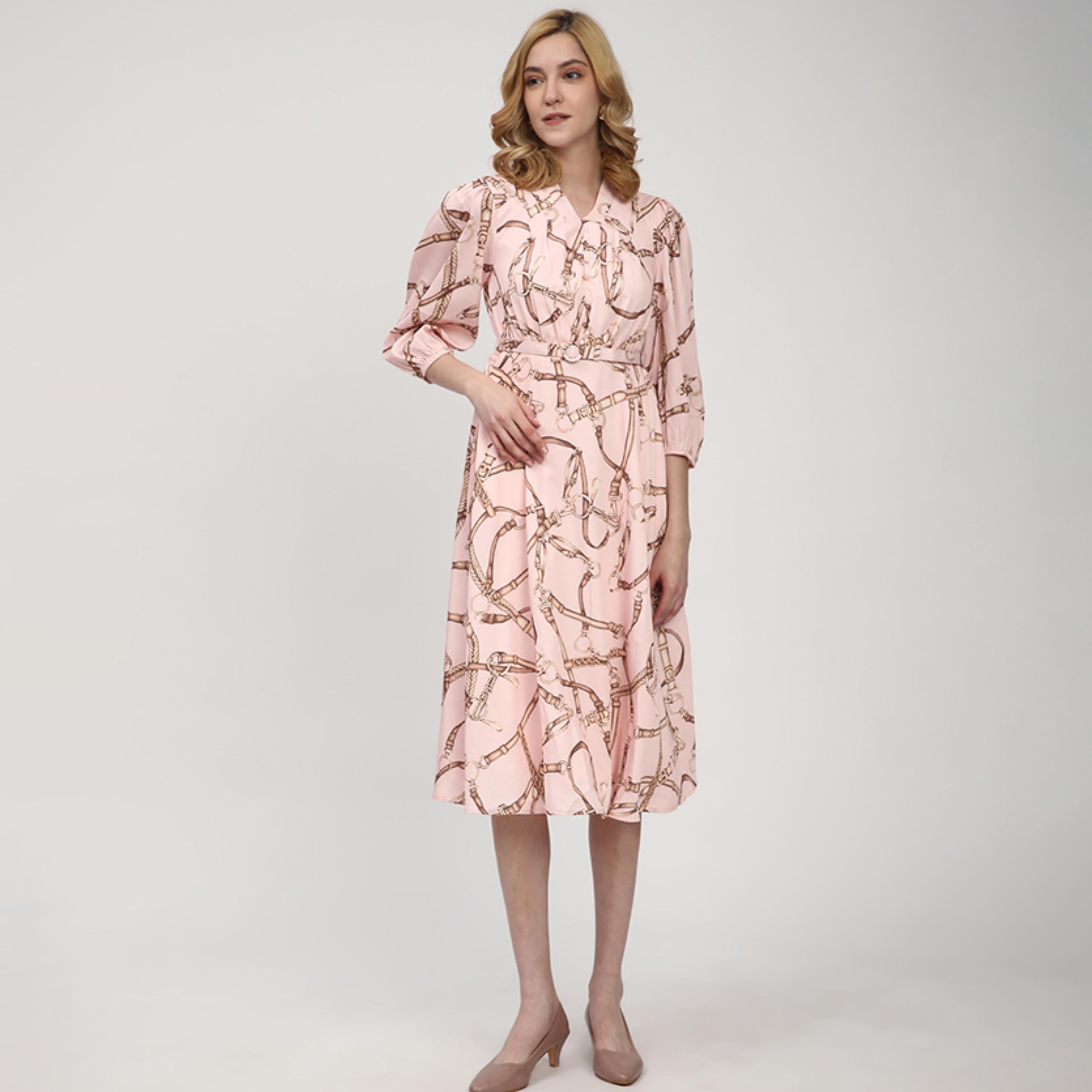 Beverly Hills Polo Club Pink Printed Elasticated Cuff Sleeves Belted Women's Midi Dress-women-clothing-dresses-image-1