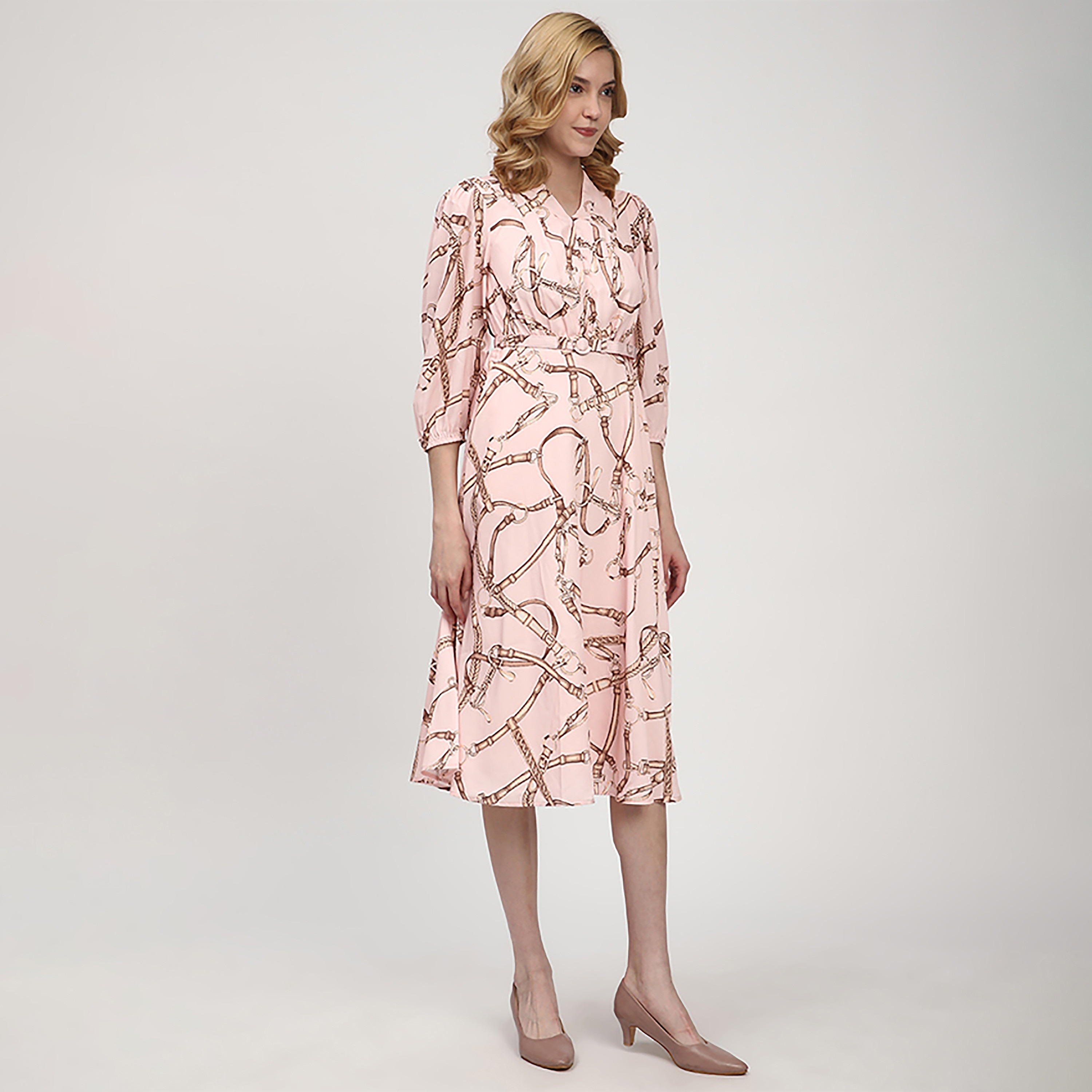 Beverly Hills Polo Club Pink Printed Elasticated Cuff Sleeves Belted Women's Midi Dress-women-clothing-dresses-image-3