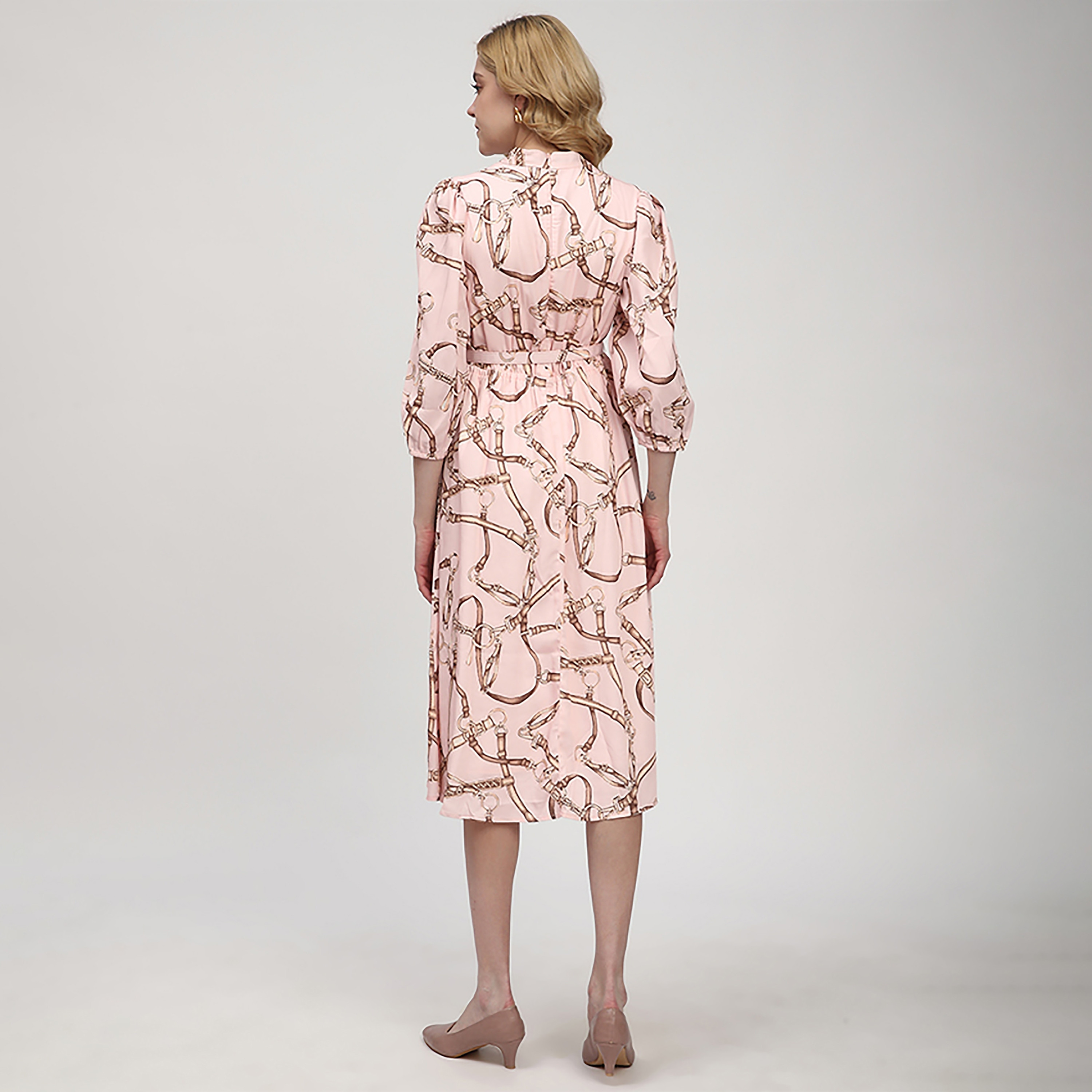 Beverly Hills Polo Club Pink Printed Elasticated Cuff Sleeves Belted Women's Midi Dress-women-clothing-dresses-image-4