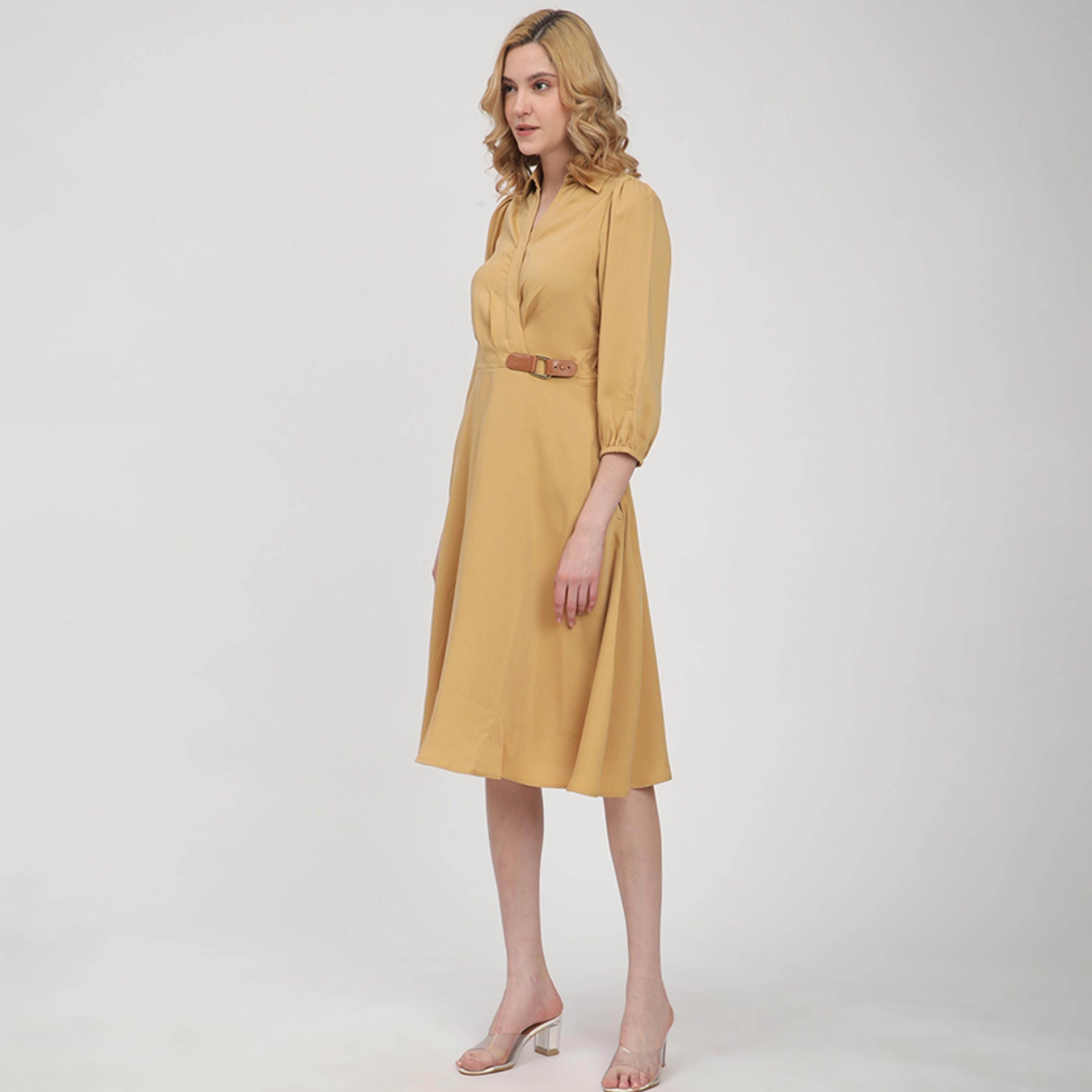 Beverly Hills Polo Club Elasticated Cuff Sleeves A-line Women's Midi Dress-women-clothing-dresses-image-2