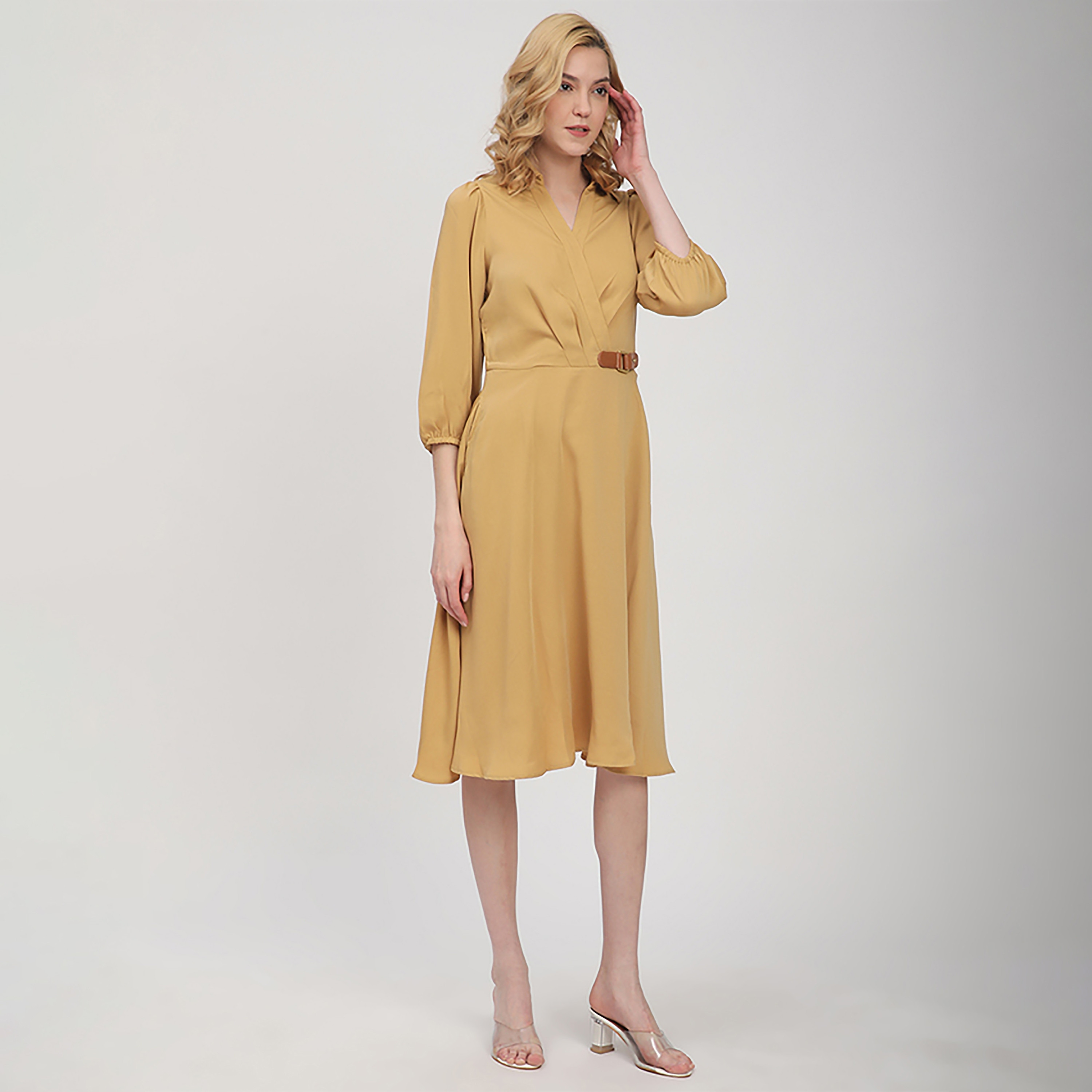 Beverly Hills Polo Club Elasticated Cuff Sleeves A-line Women's Midi Dress-women-clothing-dresses-image-3
