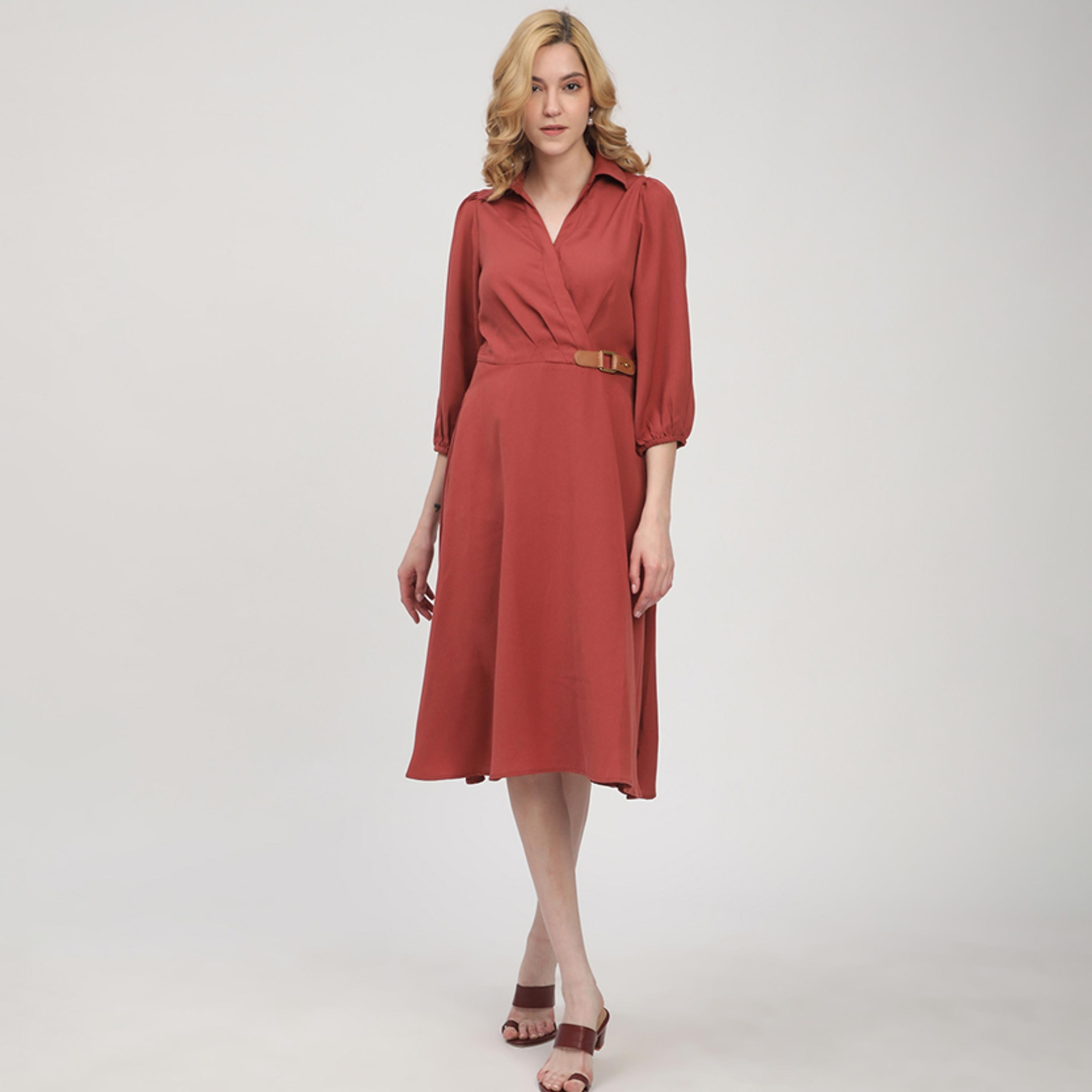 Beverly Hills Polo Club Elasticated Cuff Sleeves A-line Women's Midi Dress-women-clothing-dresses-image-1