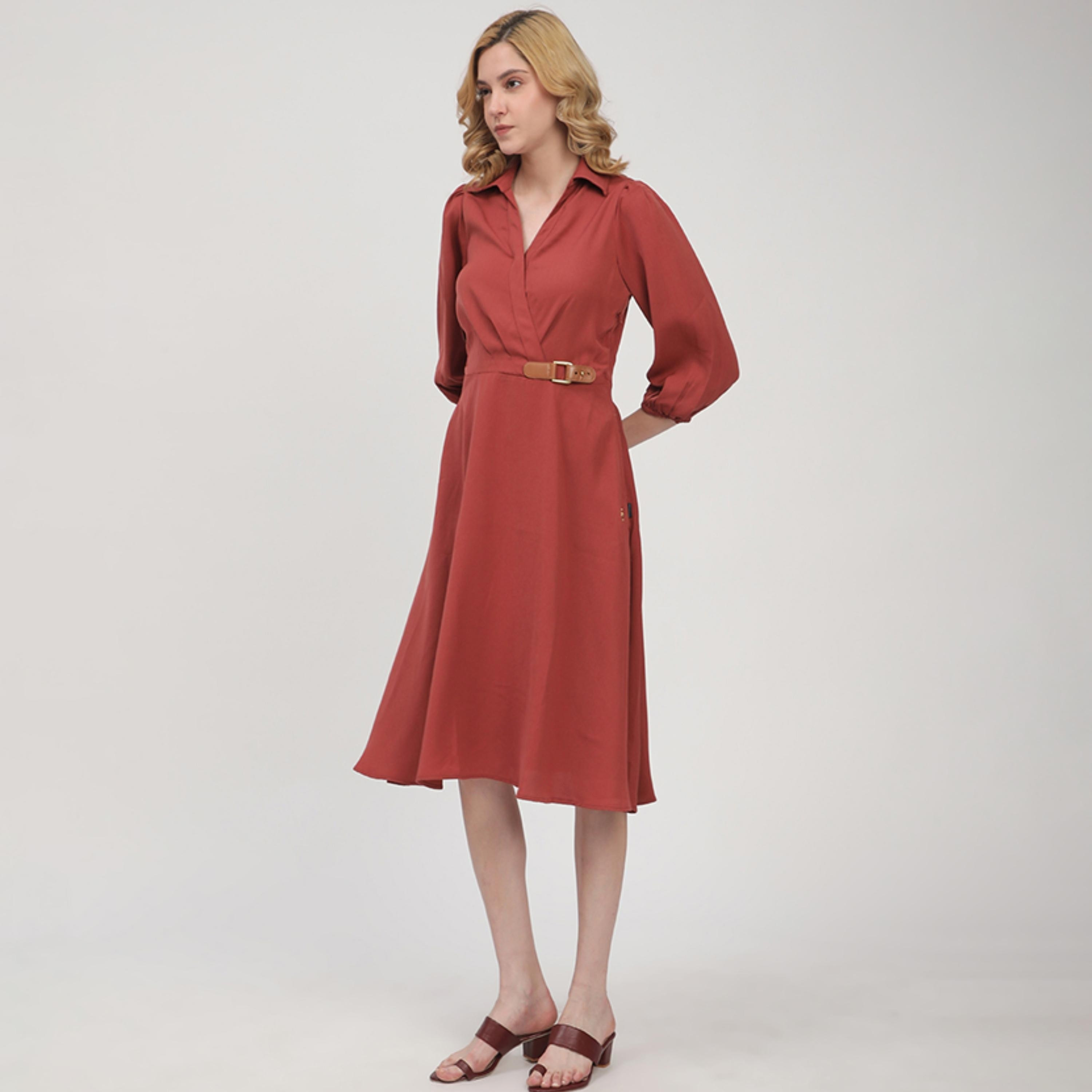 Beverly Hills Polo Club Elasticated Cuff Sleeves A-line Women's Midi Dress-women-clothing-dresses-image-2