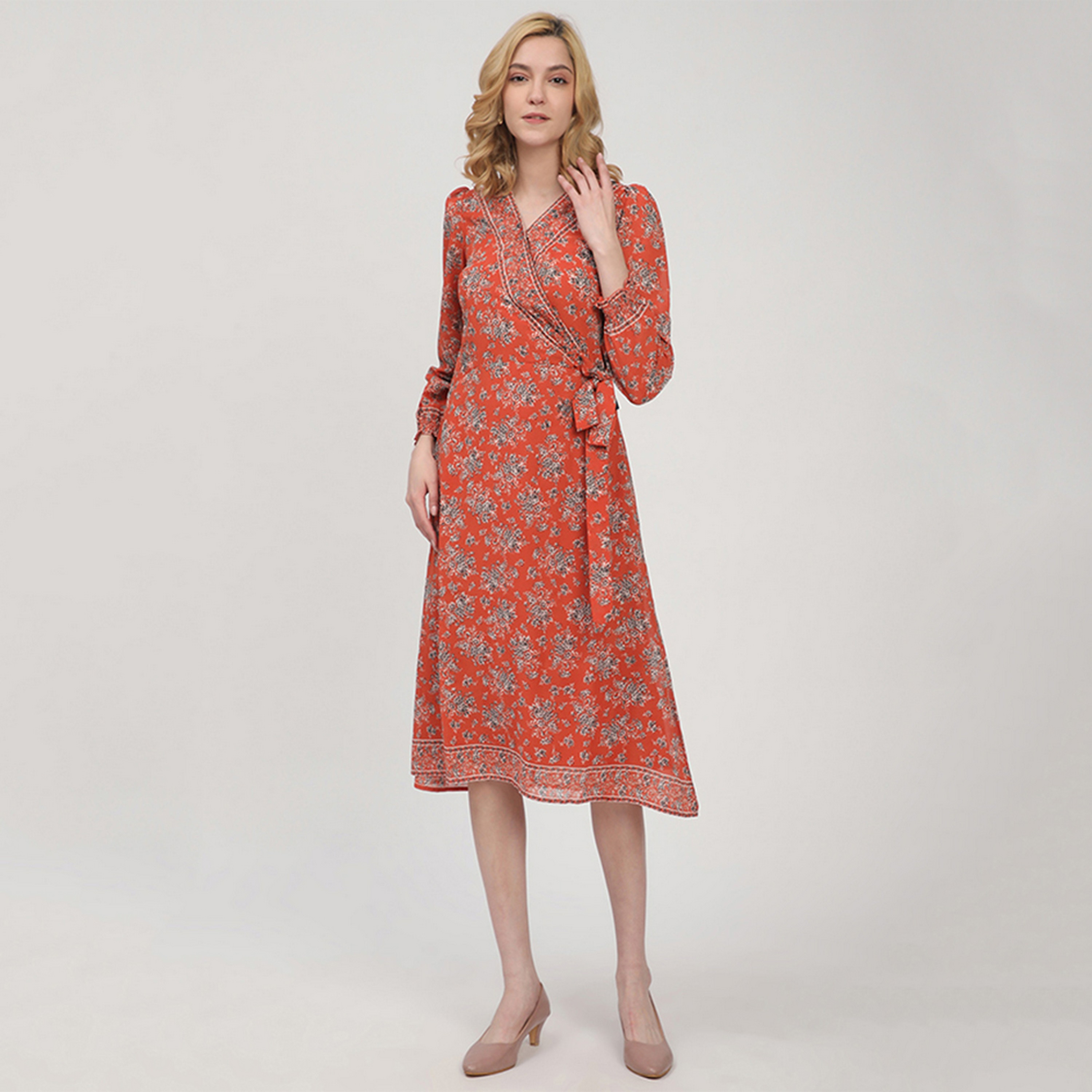 Beverly Hills Polo Club Orange Floral Print Cotton Smocked Cuff Sleeves Wrap Women's Midi Dress-women-clothing-dresses-image-1
