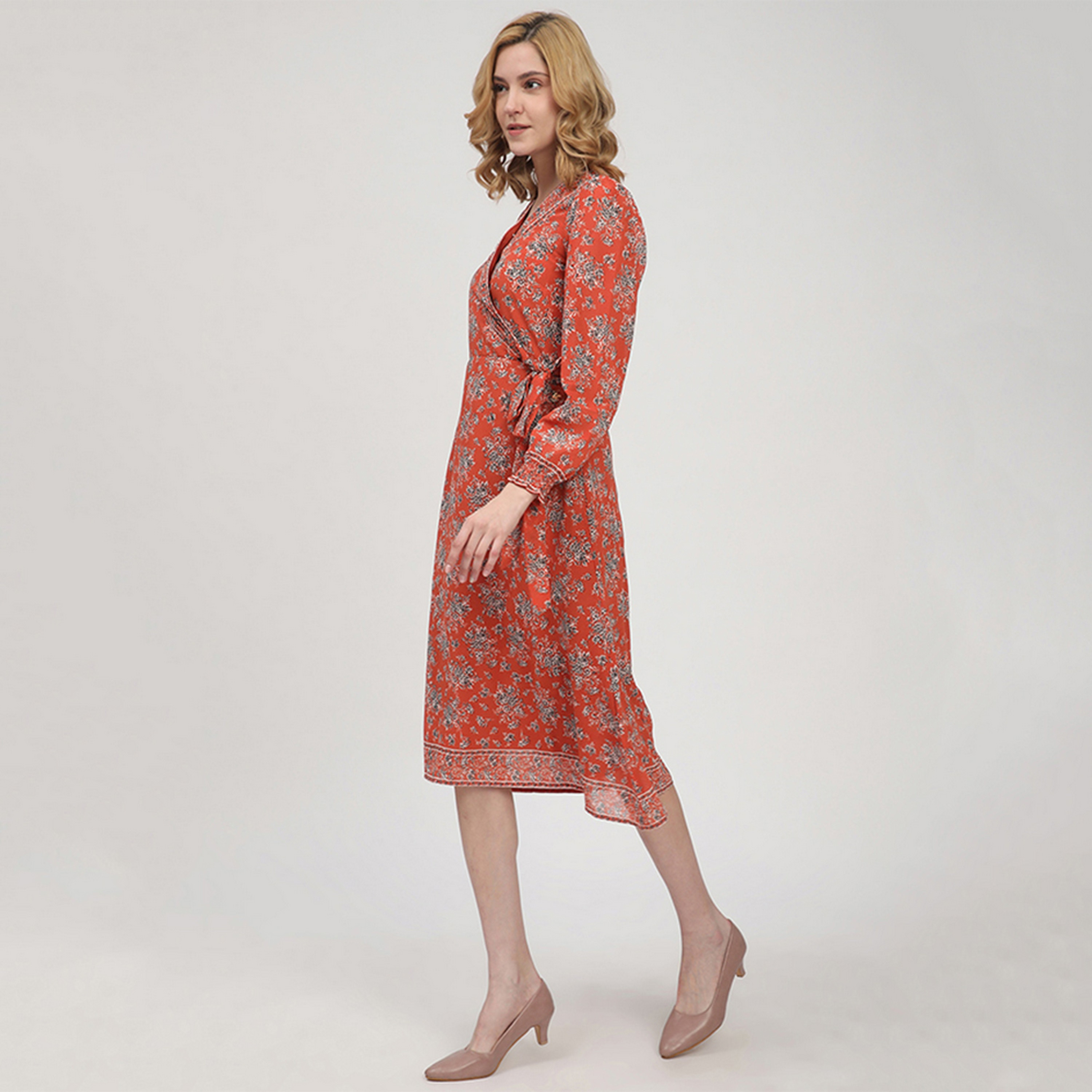Beverly Hills Polo Club Orange Floral Print Cotton Smocked Cuff Sleeves Wrap Women's Midi Dress-women-clothing-dresses-image-2