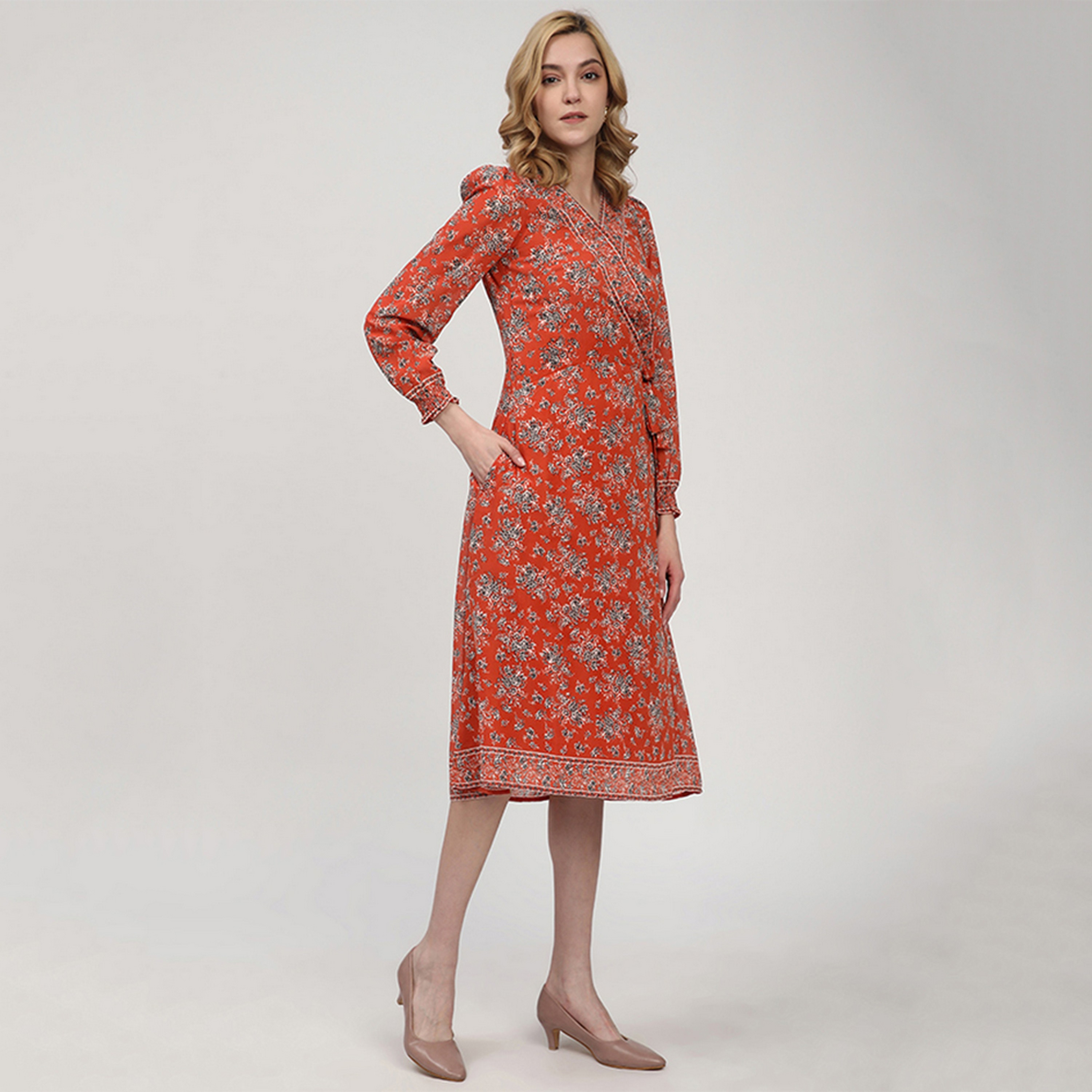Beverly Hills Polo Club Orange Floral Print Cotton Smocked Cuff Sleeves Wrap Women's Midi Dress-women-clothing-dresses-image-3