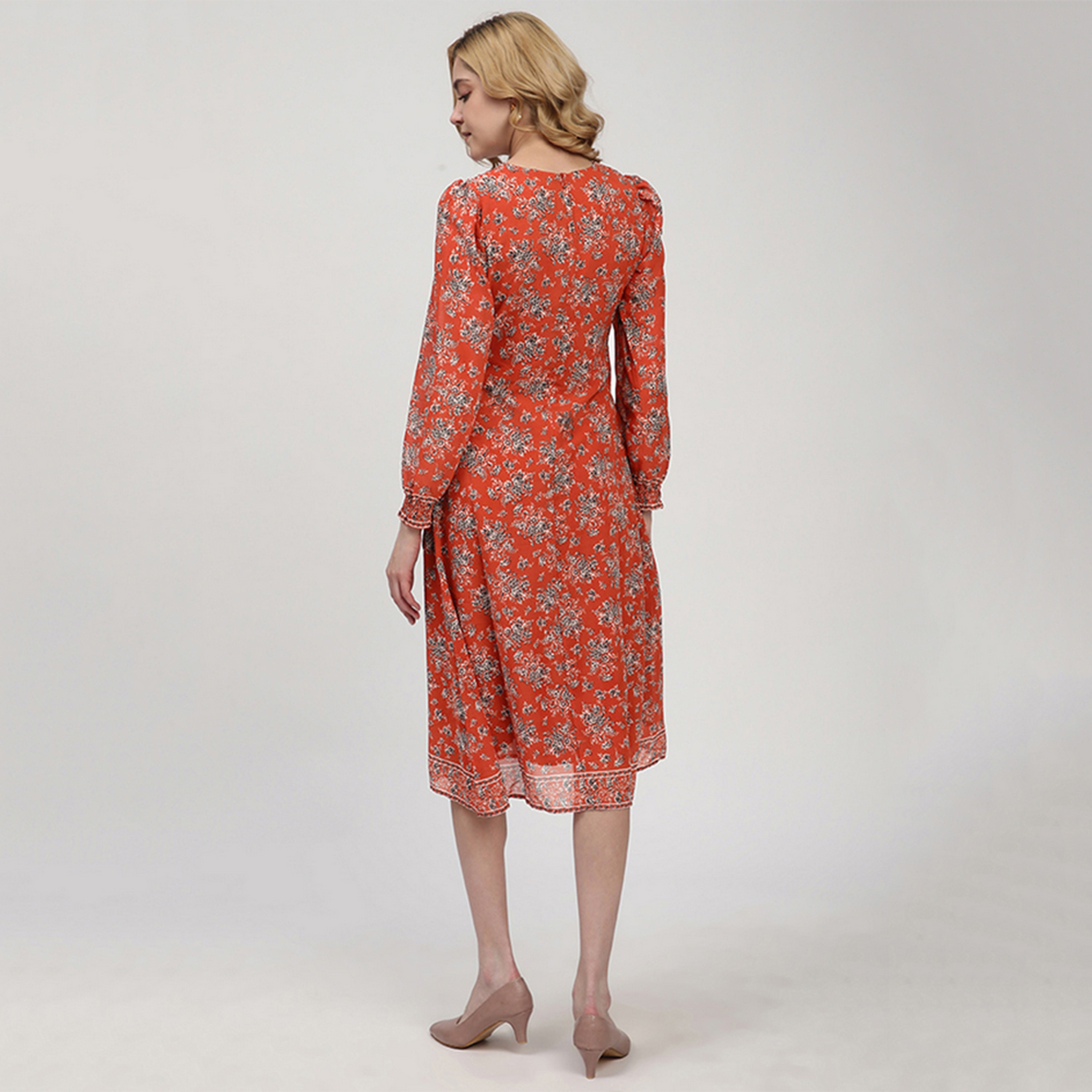 Beverly Hills Polo Club Orange Floral Print Cotton Smocked Cuff Sleeves Wrap Women's Midi Dress-women-clothing-dresses-image-4
