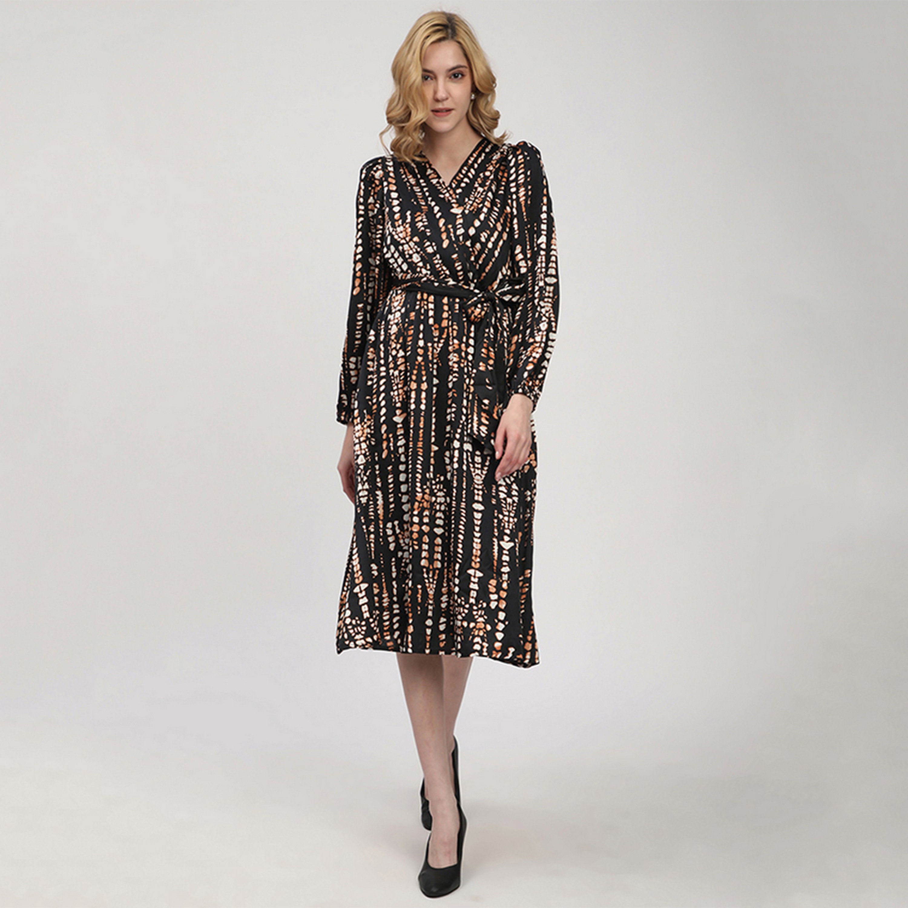 Beverly Hills Polo Club Black Abstract Print Cotton Elasticated Cuff Sleeves Wrap Women's Midi Dress-women-clothing-dresses-image-1