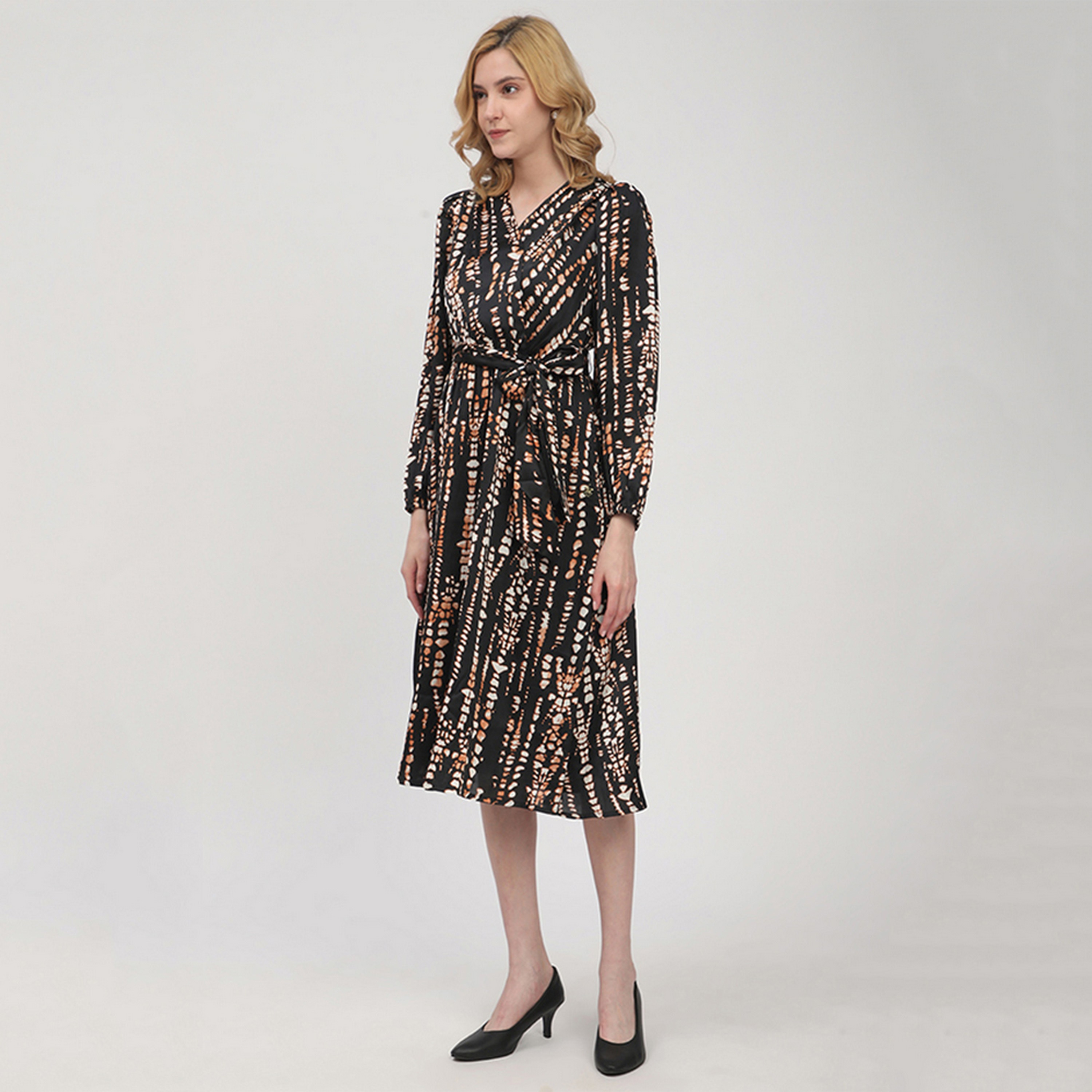 Beverly Hills Polo Club Black Abstract Print Cotton Elasticated Cuff Sleeves Wrap Women's Midi Dress-women-clothing-dresses-image-2