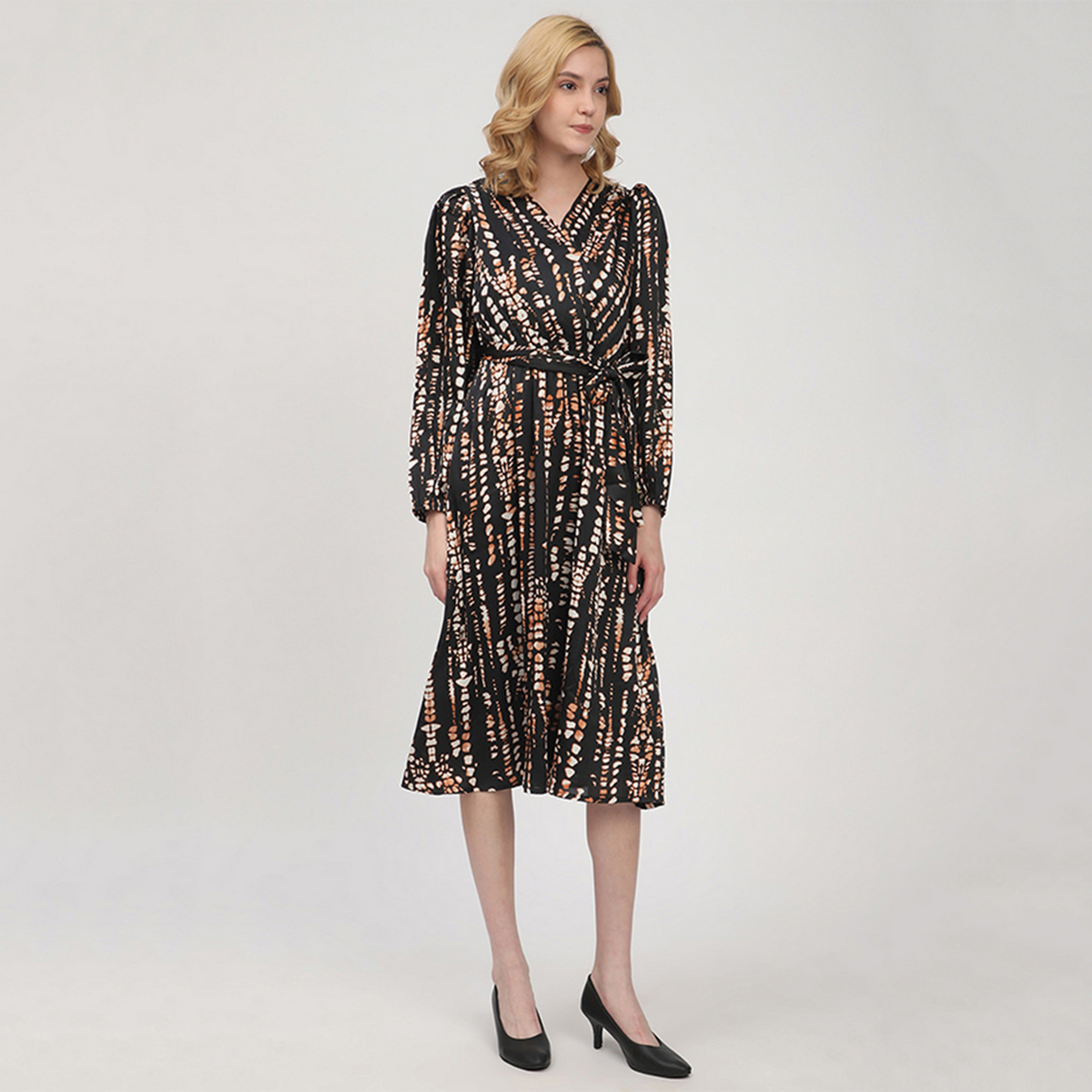 Beverly Hills Polo Club Black Abstract Print Cotton Elasticated Cuff Sleeves Wrap Women's Midi Dress-women-clothing-dresses-image-3