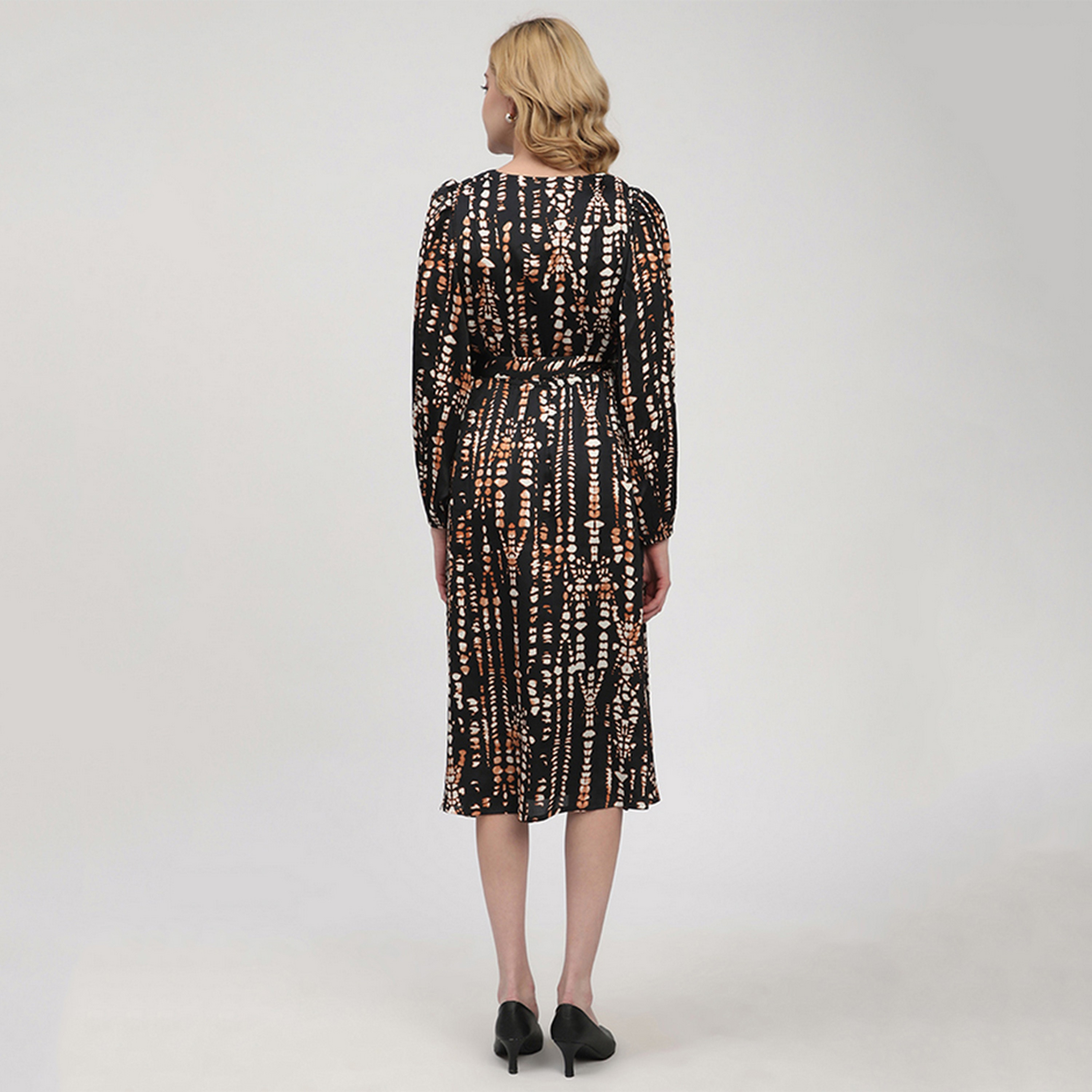 Beverly Hills Polo Club Black Abstract Print Cotton Elasticated Cuff Sleeves Wrap Women's Midi Dress-women-clothing-dresses-image-4