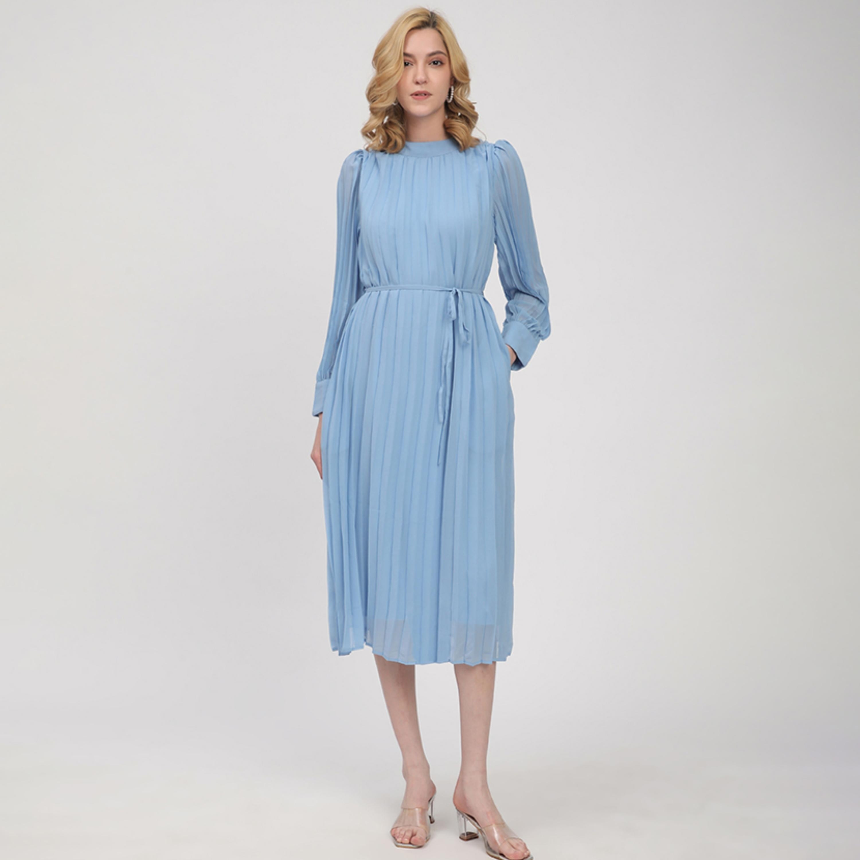 Beverly Hills Polo Club Blue Pleated Tie Neck Cuffed Sleeves Women's Midi Dress-women-clothing-dresses-image-1