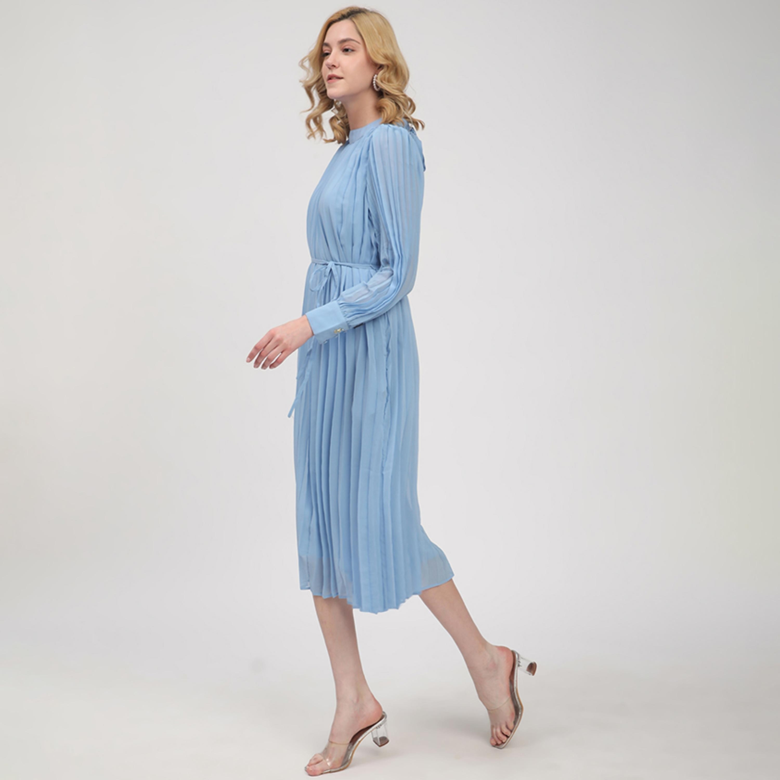 Beverly Hills Polo Club Blue Pleated Tie Neck Cuffed Sleeves Women's Midi Dress-women-clothing-dresses-image-2