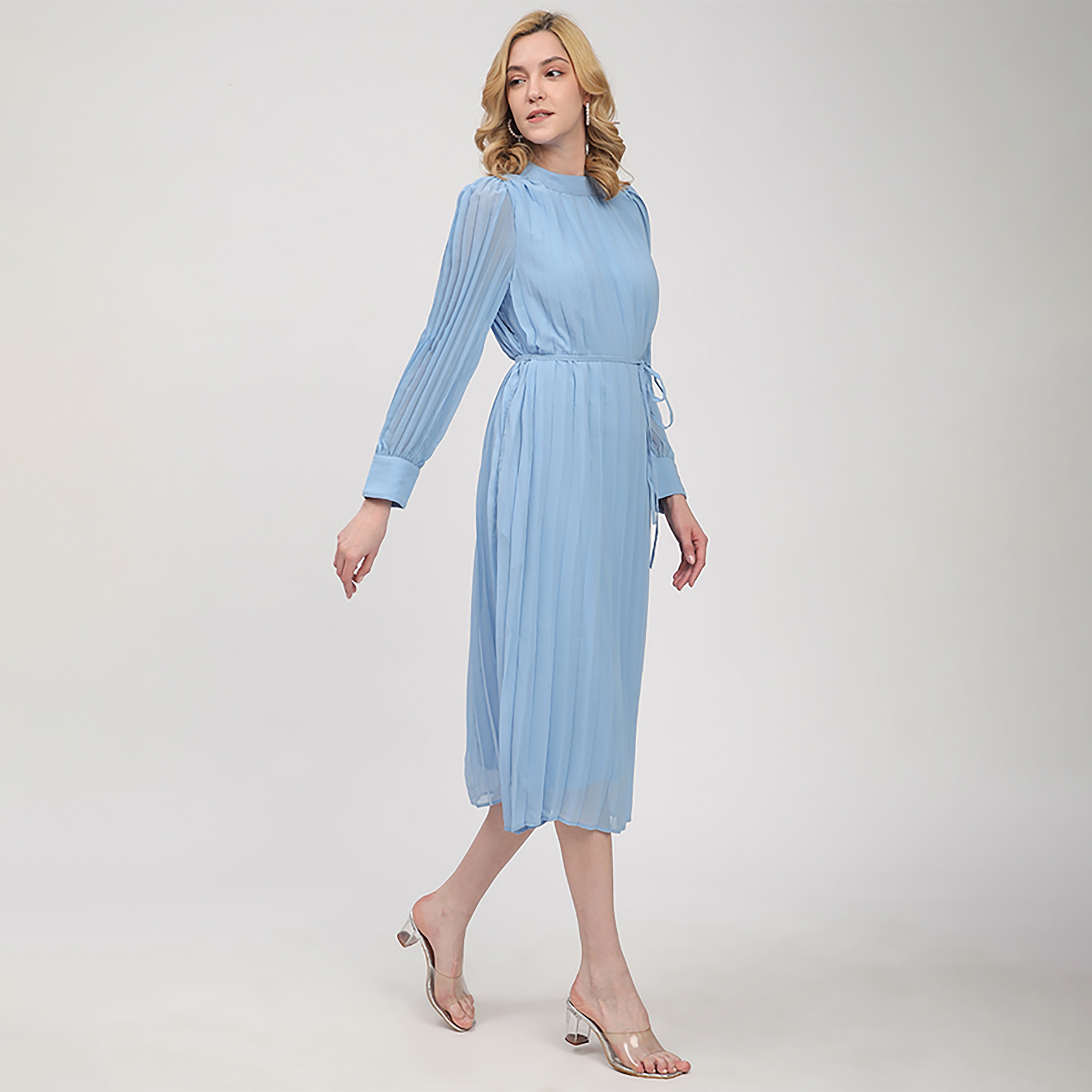 Beverly Hills Polo Club Blue Pleated Tie Neck Cuffed Sleeves Women's Midi Dress-women-clothing-dresses-image-3