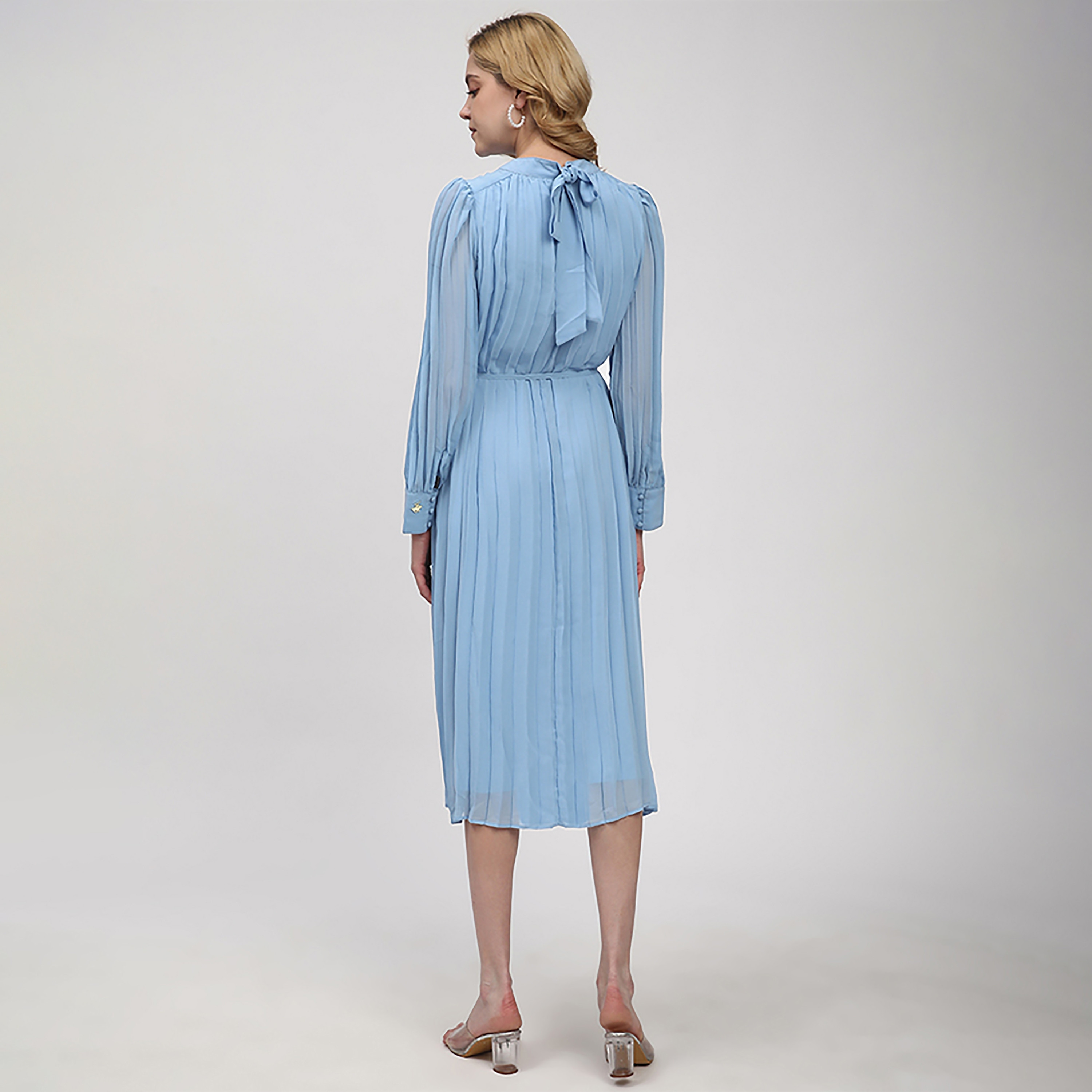 Beverly Hills Polo Club Blue Pleated Tie Neck Cuffed Sleeves Women's Midi Dress-women-clothing-dresses-image-4