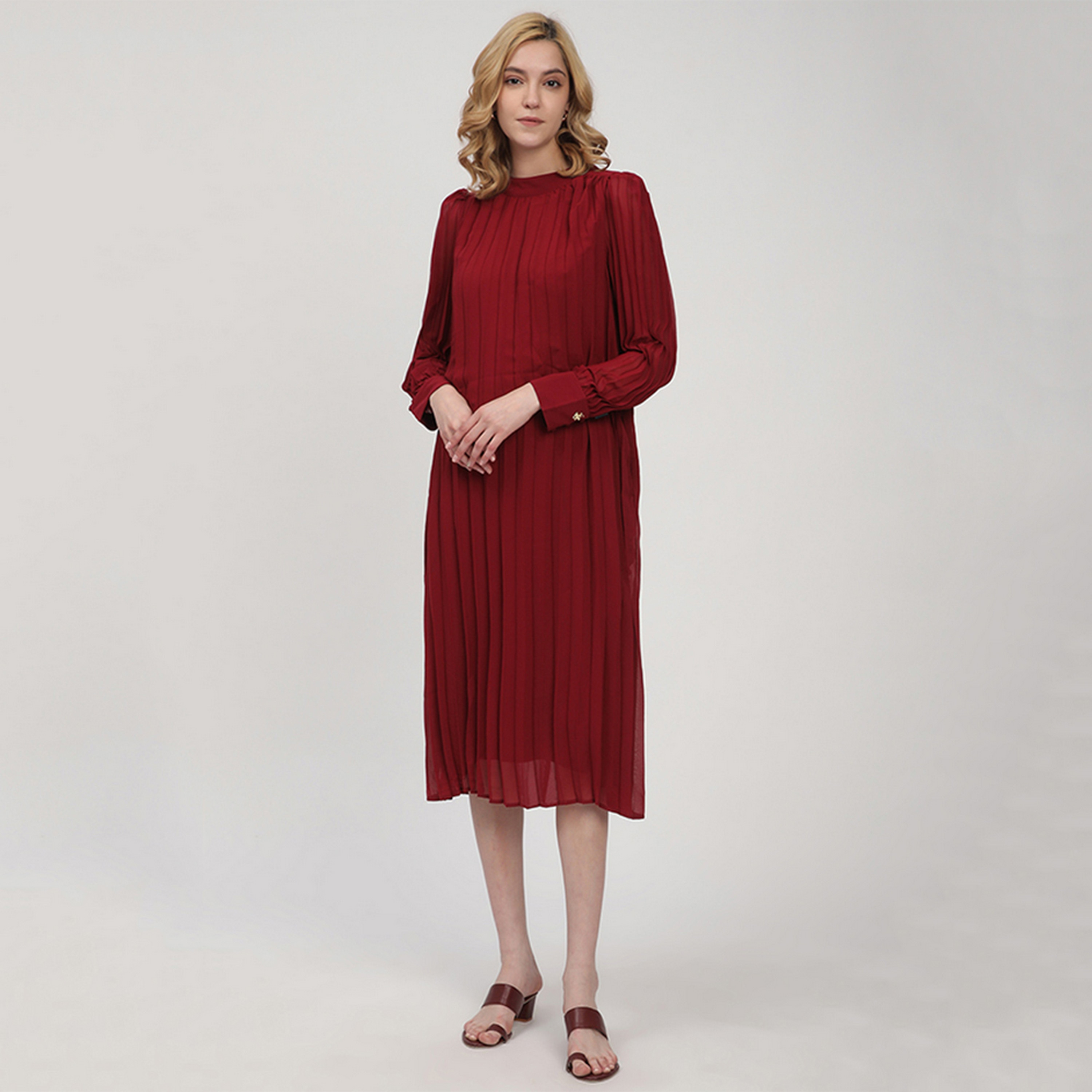 Beverly Hills Polo Club Red Cotton Mock Neck Cuffed Sleeves Pleated Women's Midi Dress-women-clothing-dresses-image-1