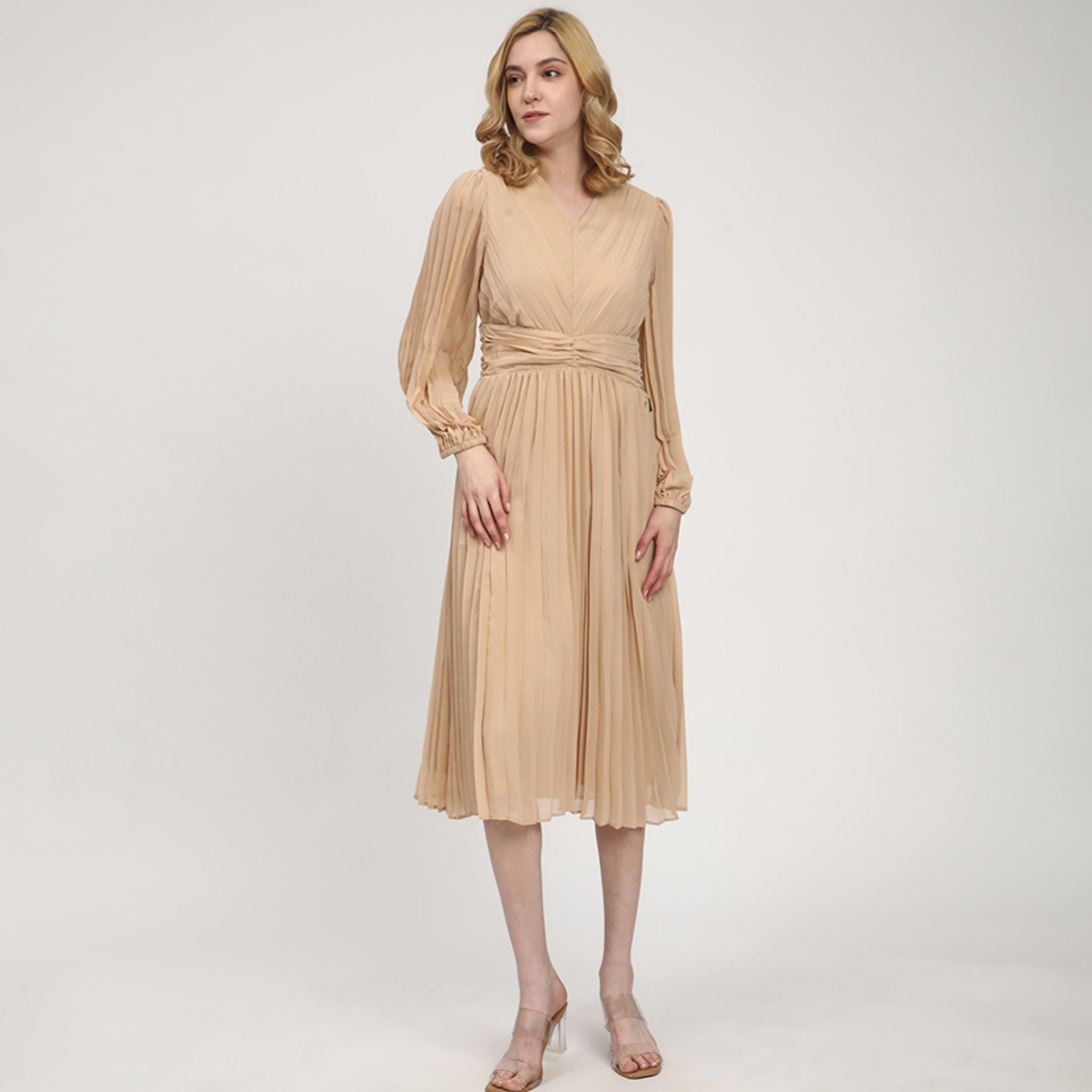 فستان نسائي متوسط الطول بأكمام منفوخة ومطوي من بيفرلي هيلز بولو كلوب-women-clothing-dresses-image-1