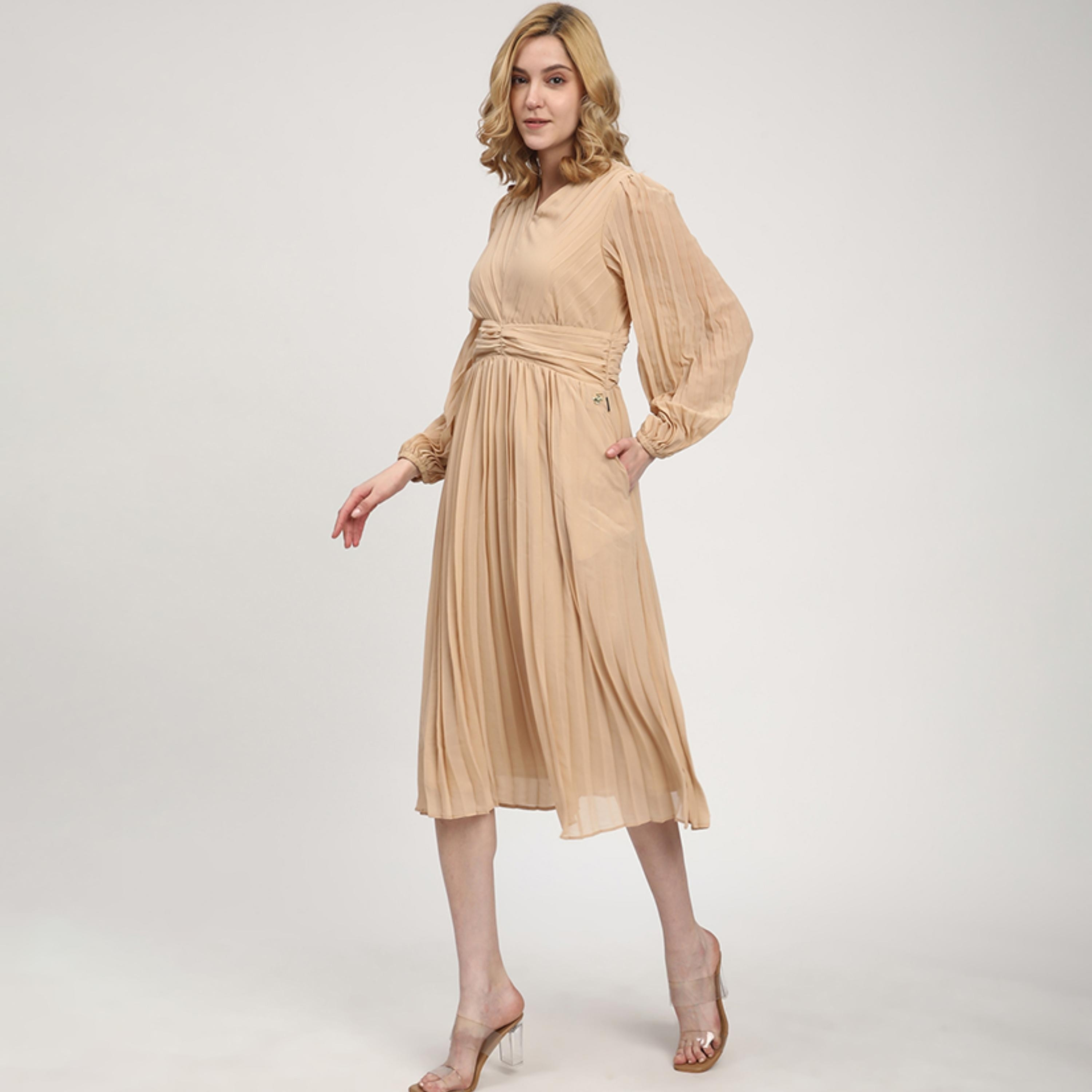 فستان نسائي متوسط الطول بأكمام منفوخة ومطوي من بيفرلي هيلز بولو كلوب-women-clothing-dresses-image-2