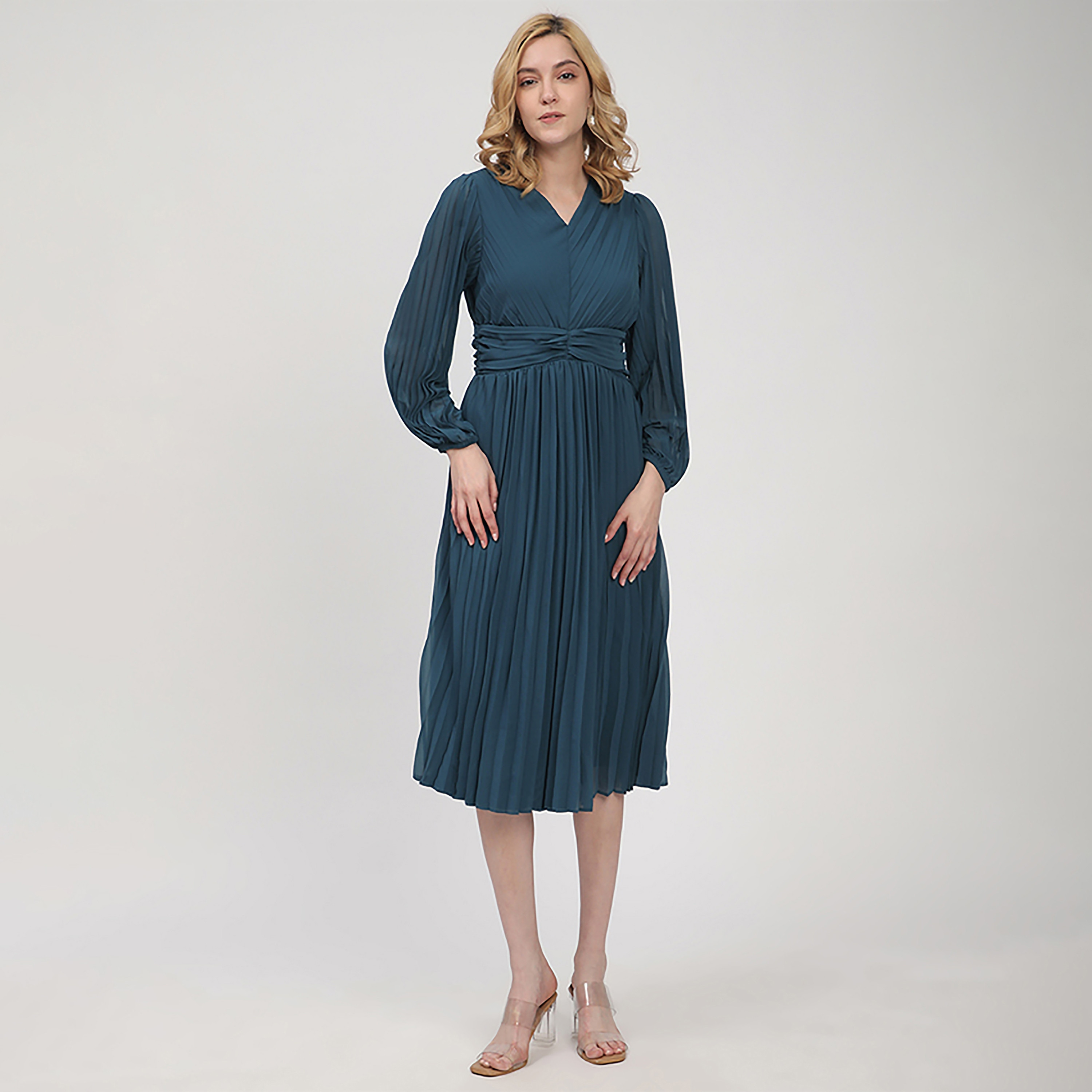 فستان نسائي متوسط الطول بأكمام منفوخة ومطوي من بيفرلي هيلز بولو كلوب-women-clothing-dresses-image-5