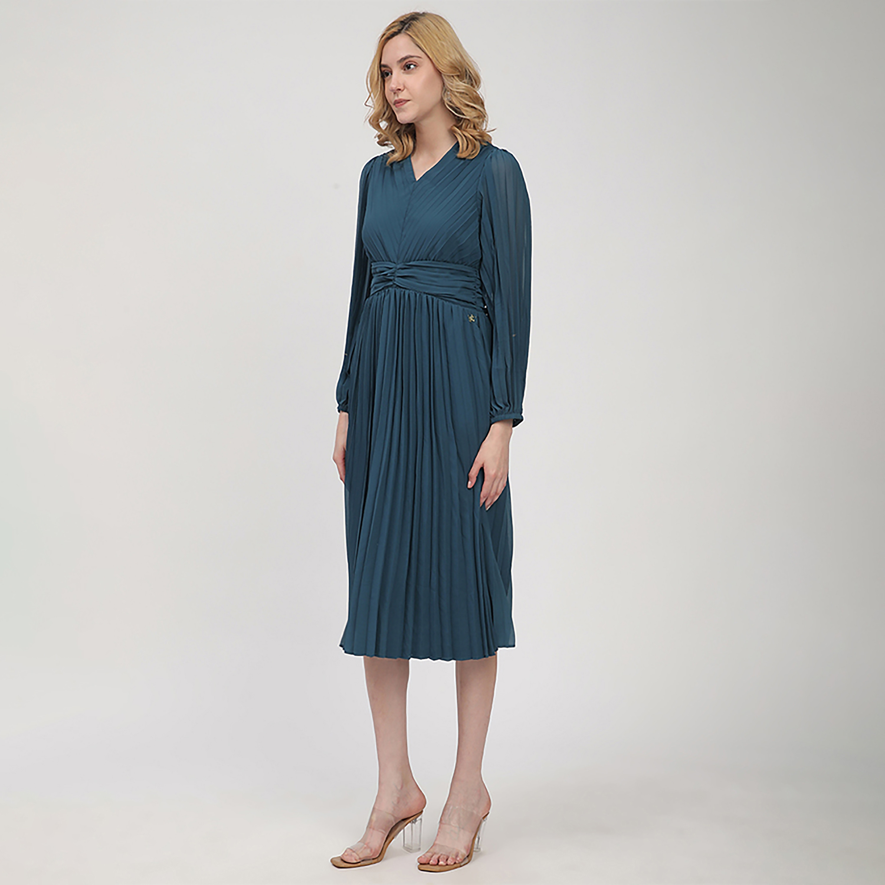 فستان نسائي متوسط الطول بأكمام منفوخة ومطوي من بيفرلي هيلز بولو كلوب-women-clothing-dresses-image-6
