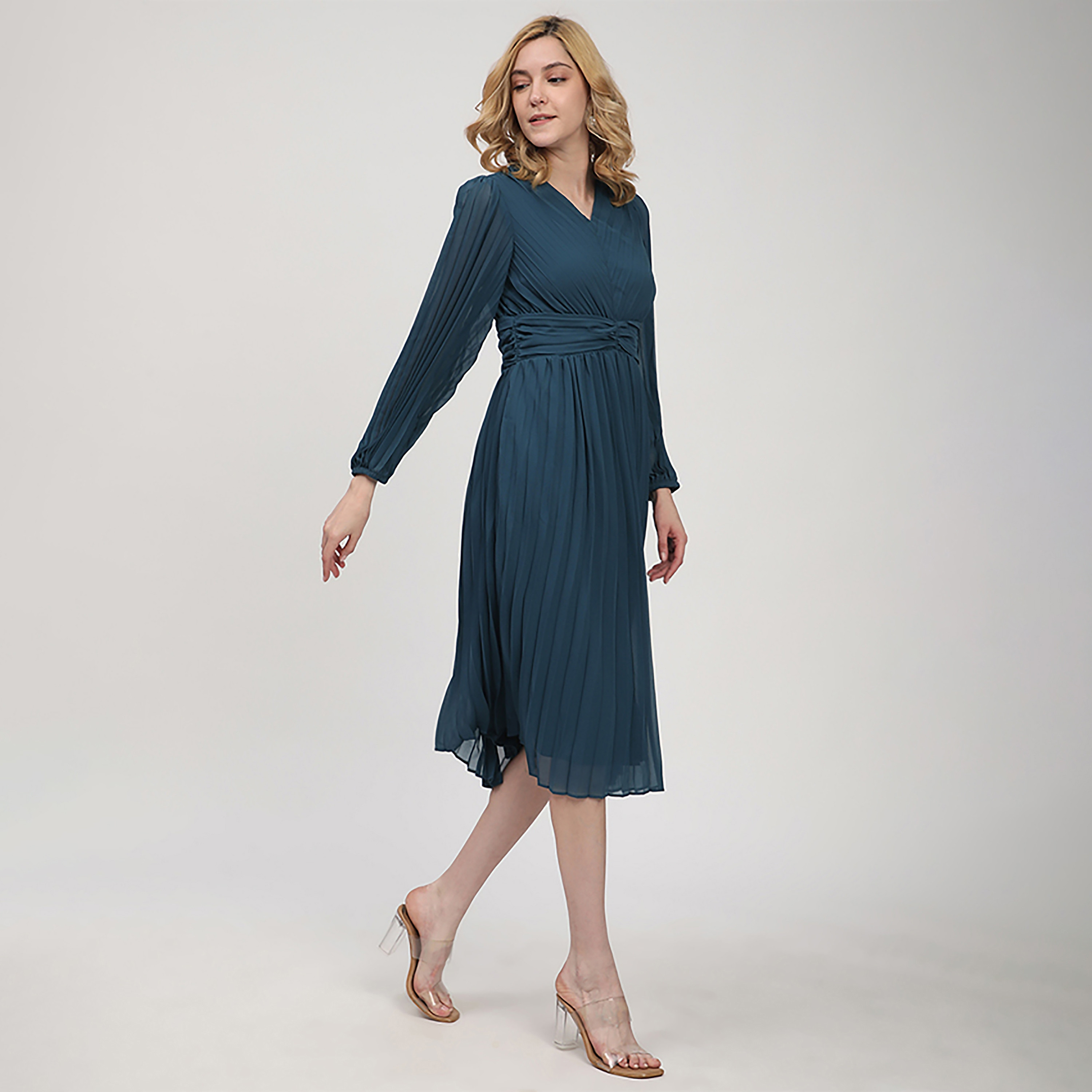 Beverly Hills Polo Club Ruched Balloon Sleeves Pleated Women's Midi Dress-women-clothing-dresses-image-3
