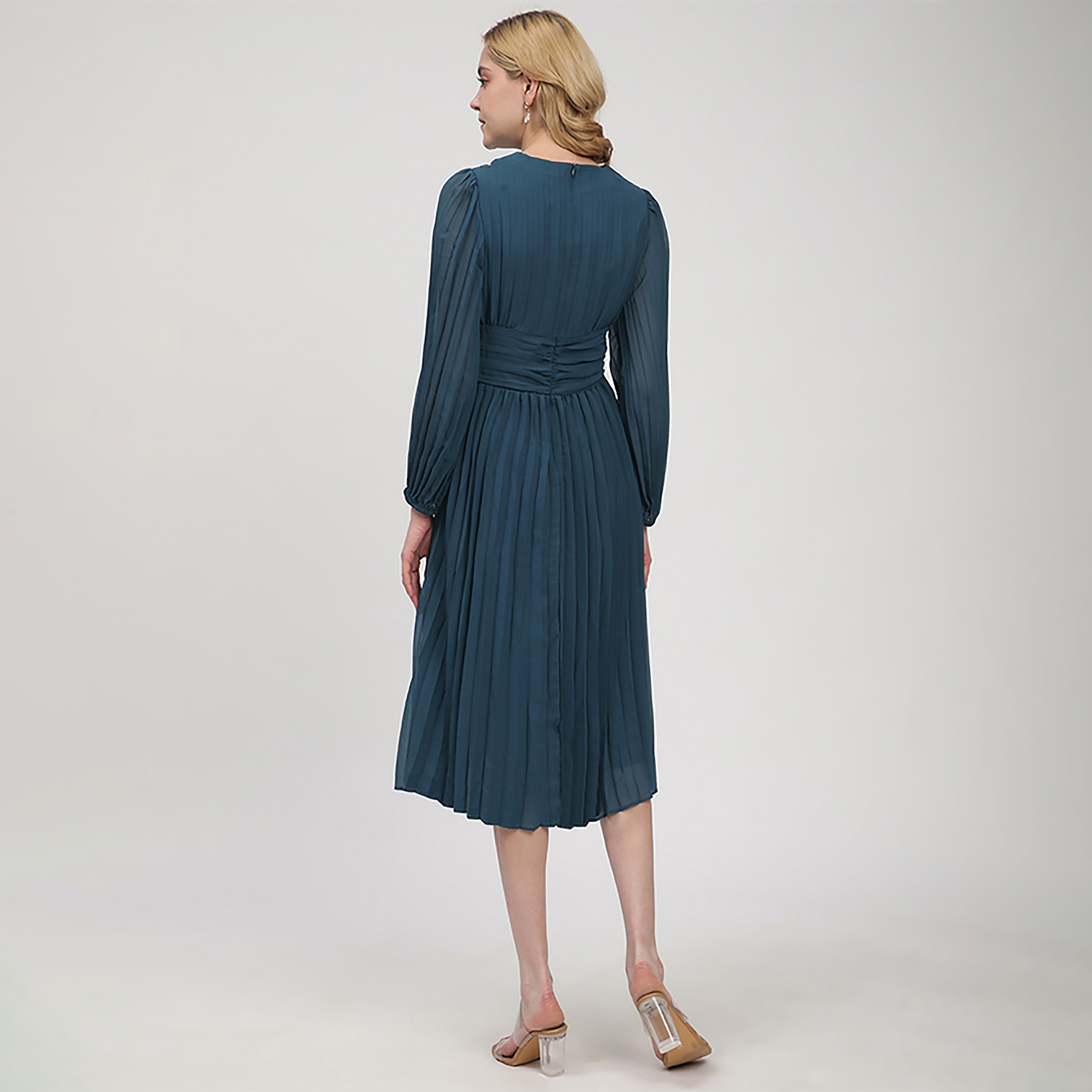 Beverly Hills Polo Club Ruched Balloon Sleeves Pleated Women's Midi Dress-women-clothing-dresses-image-4