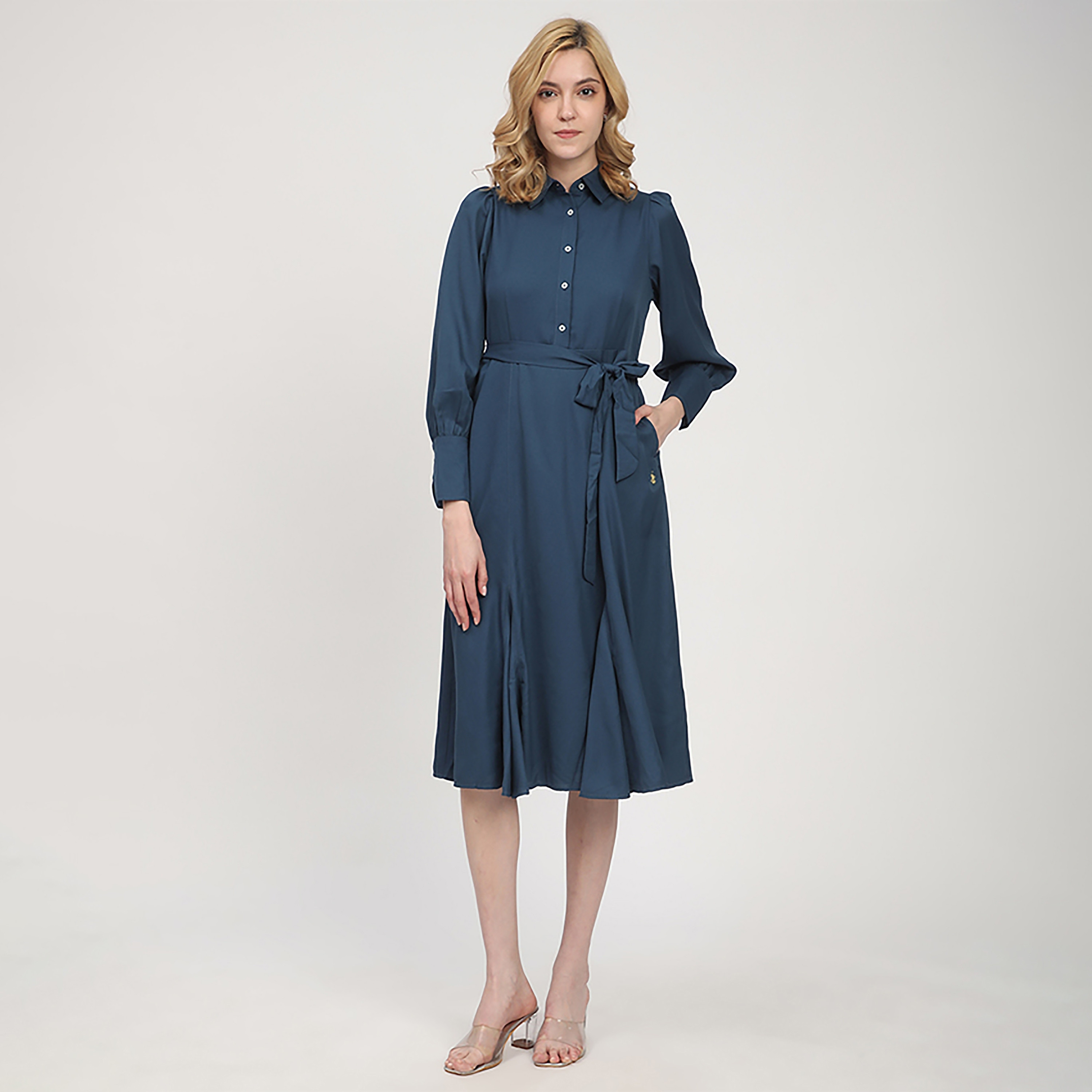 فستان ميدي نسائي بأكمام منسدلة وقميص أزرق من بيفرلي هيلز بولو كلوب-women-clothing-dresses-image-1