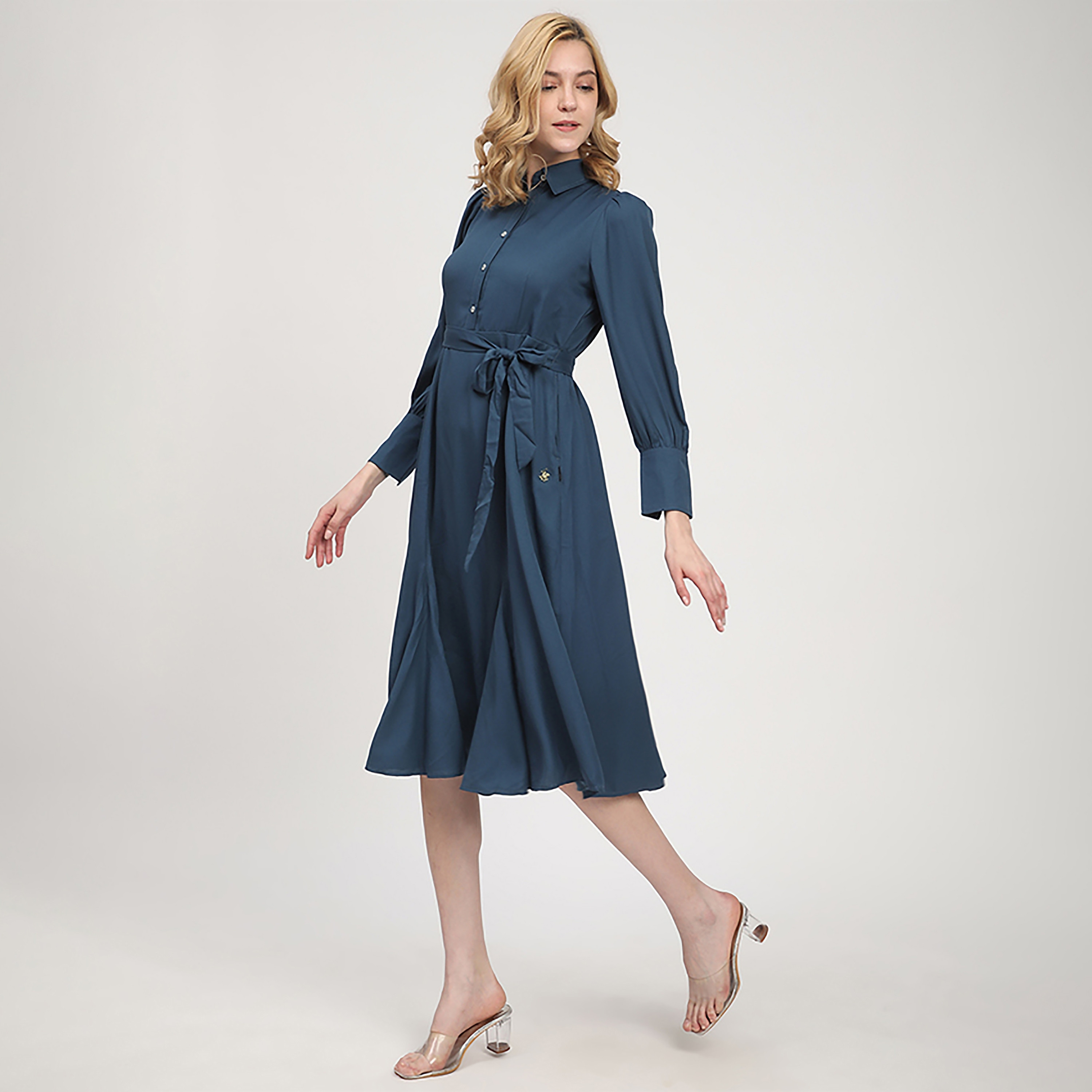 فستان ميدي نسائي بأكمام منسدلة وقميص أزرق من بيفرلي هيلز بولو كلوب-women-clothing-dresses-image-2