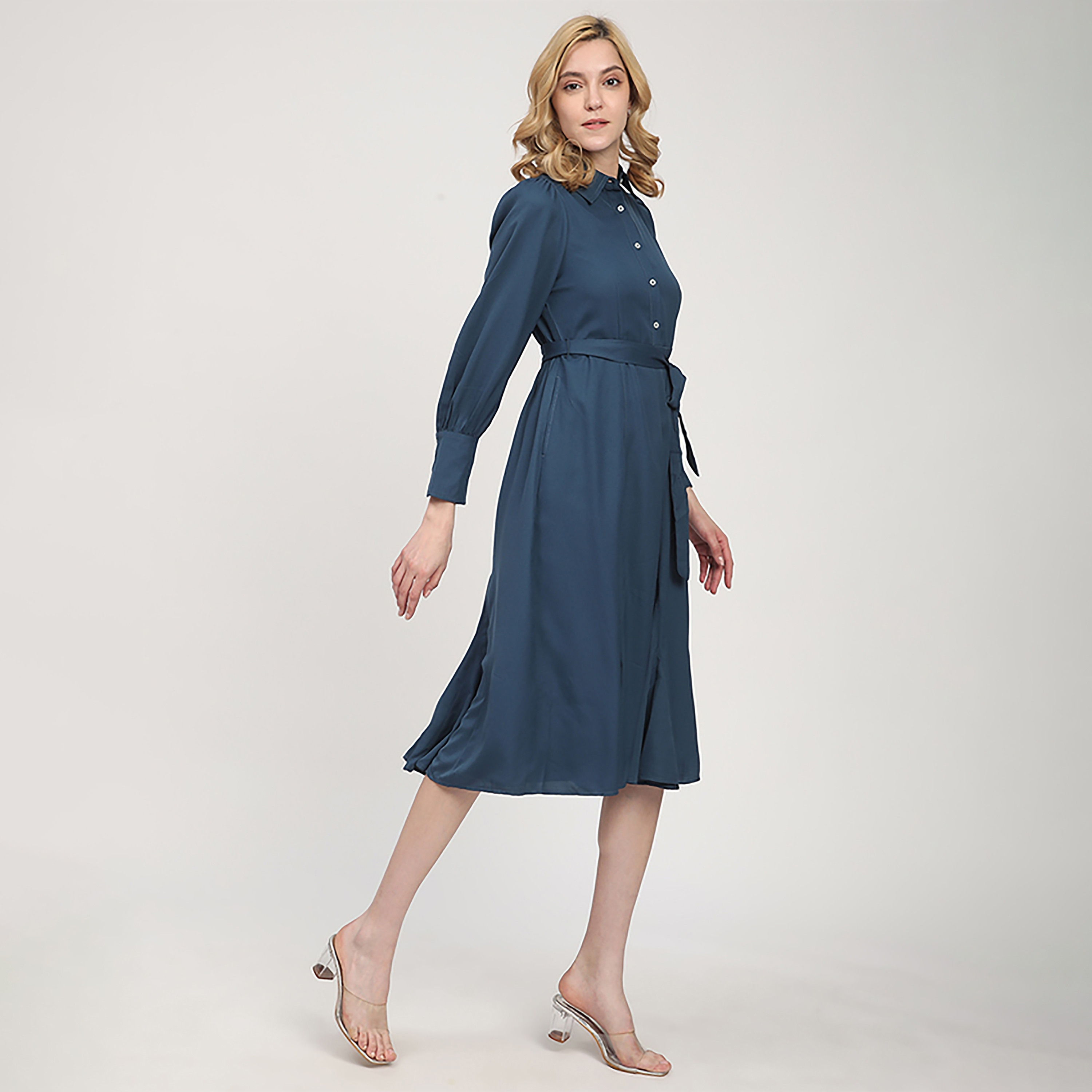 Beverly Hills Polo Club Blue Dropped Sleeves Shirt Women's Midi Dress-women-clothing-dresses-image-3