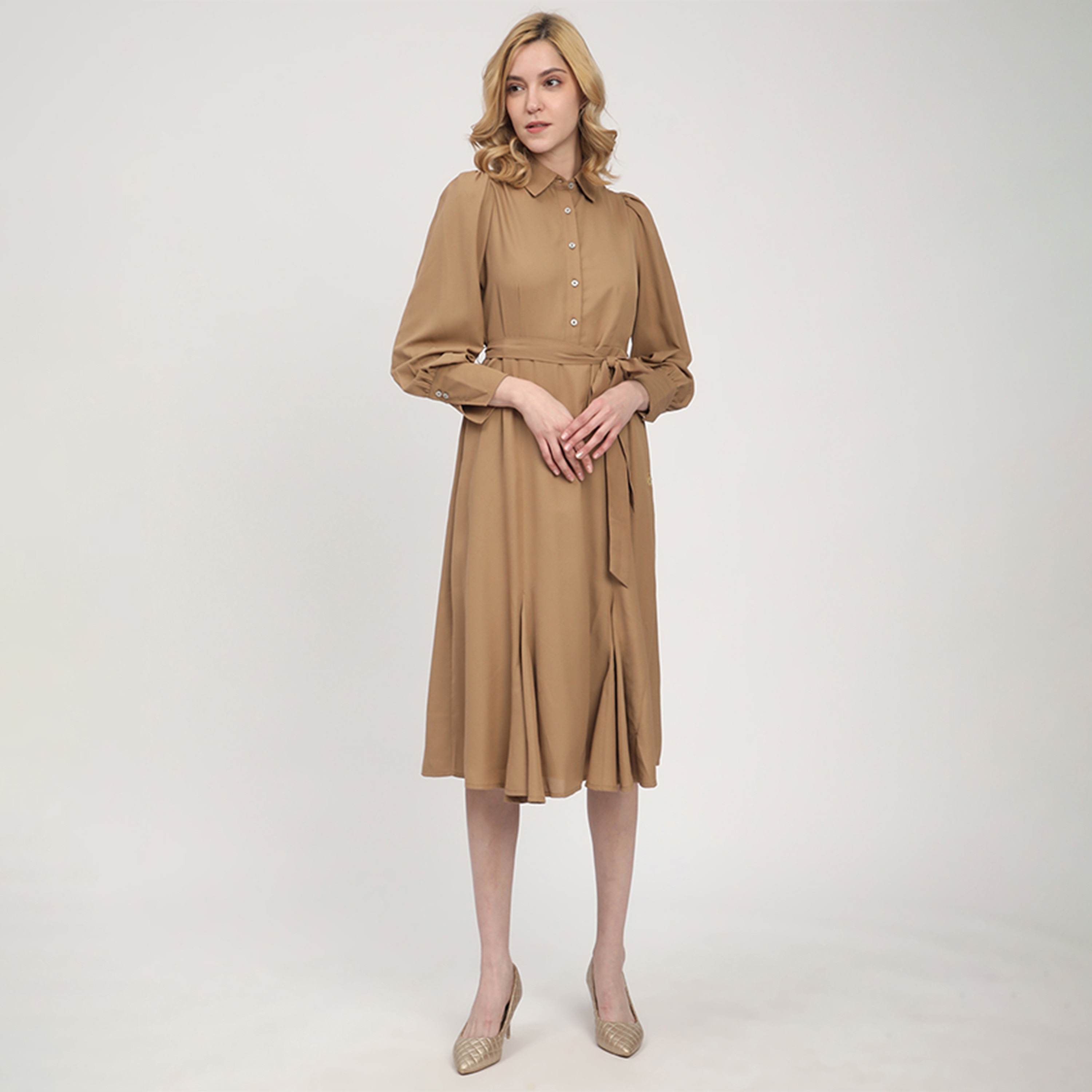 Beverly Hills Polo Club Brown Women's Midi Flowy Shirt Dress-women-clothing-dresses-image-1