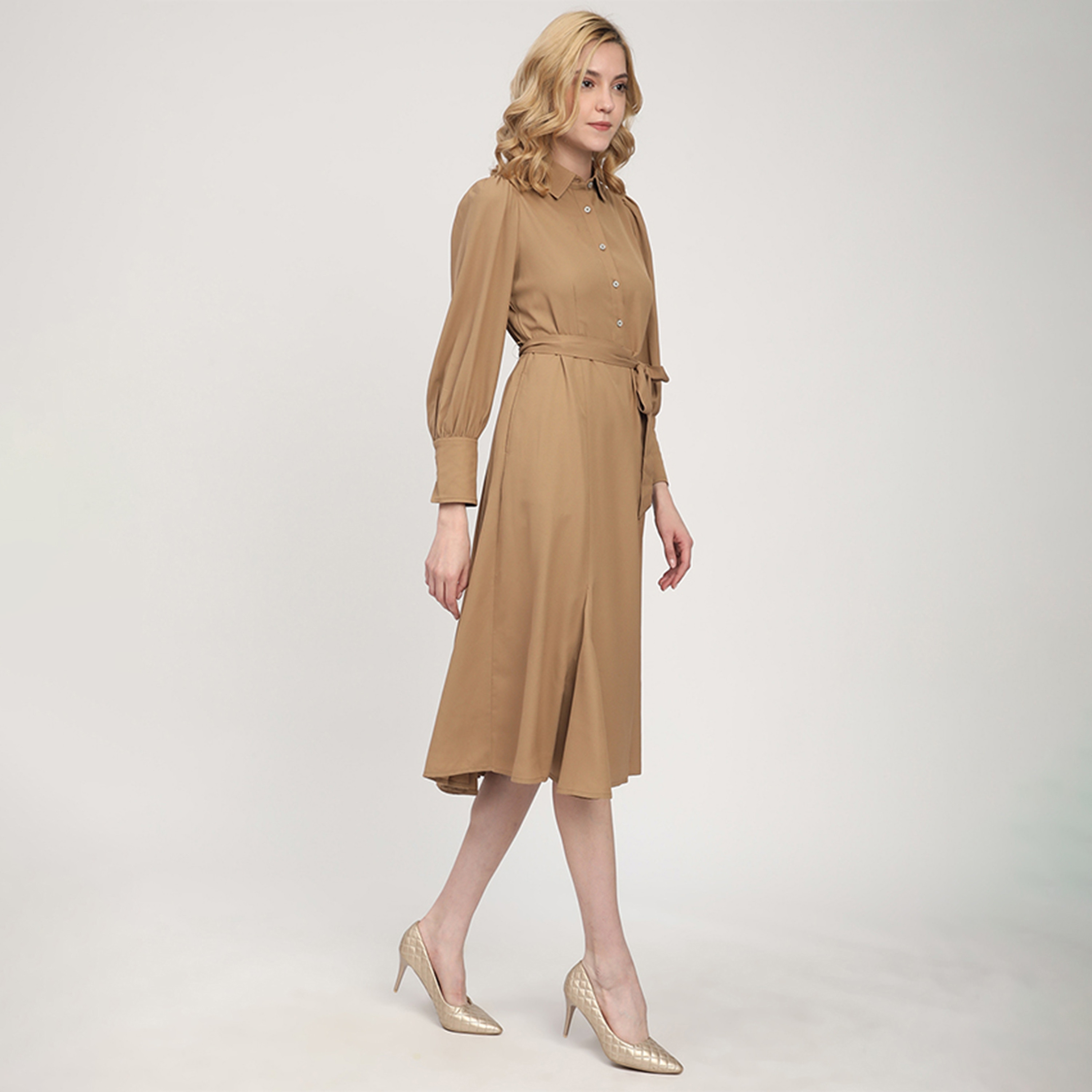 Beverly Hills Polo Club Brown Women's Midi Flowy Shirt Dress-women-clothing-dresses-image-3