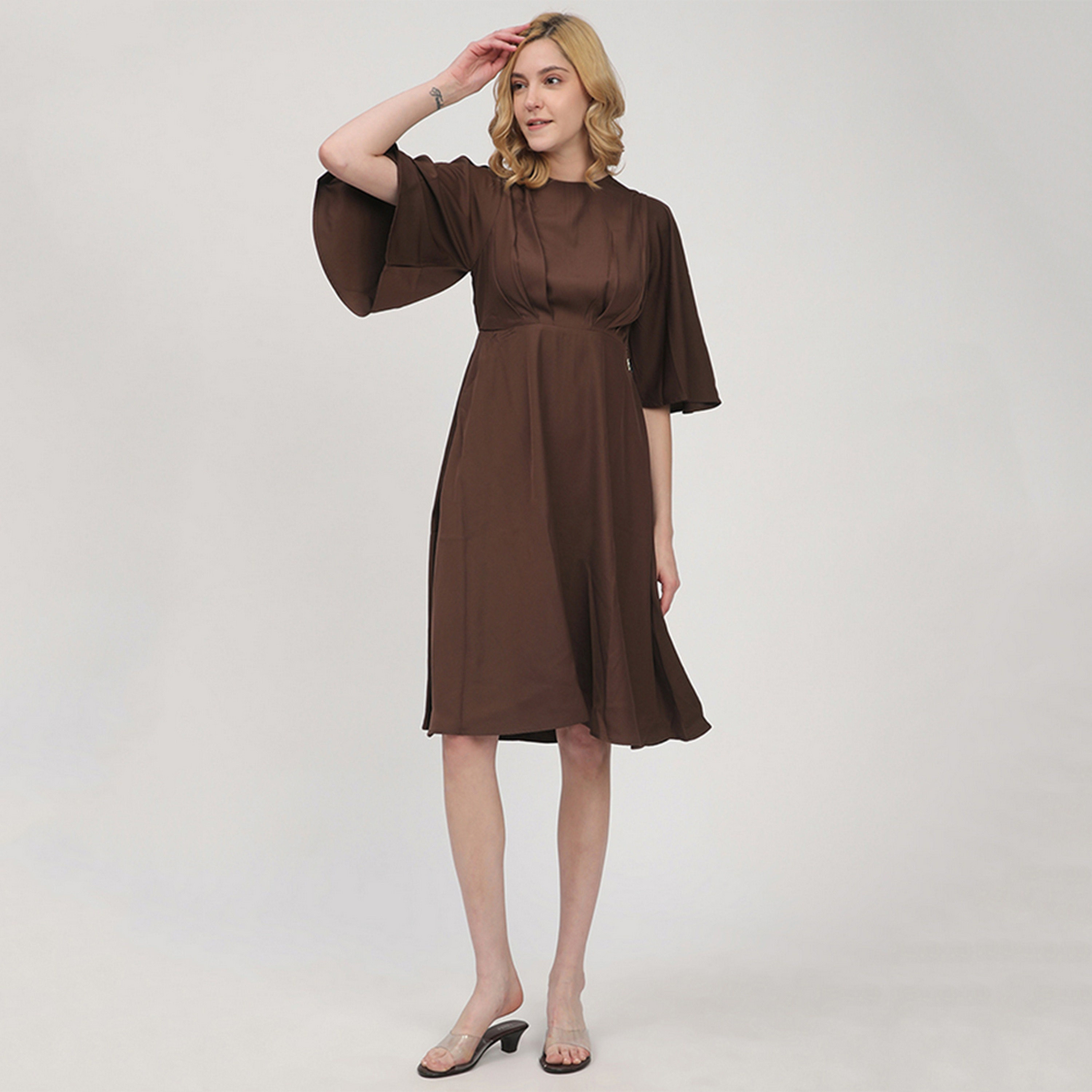 Beverly Hills Polo Club Brown Cotton Flared Sleeves Fit & Flared Women's Midi Dress-women-clothing-dresses-image-1
