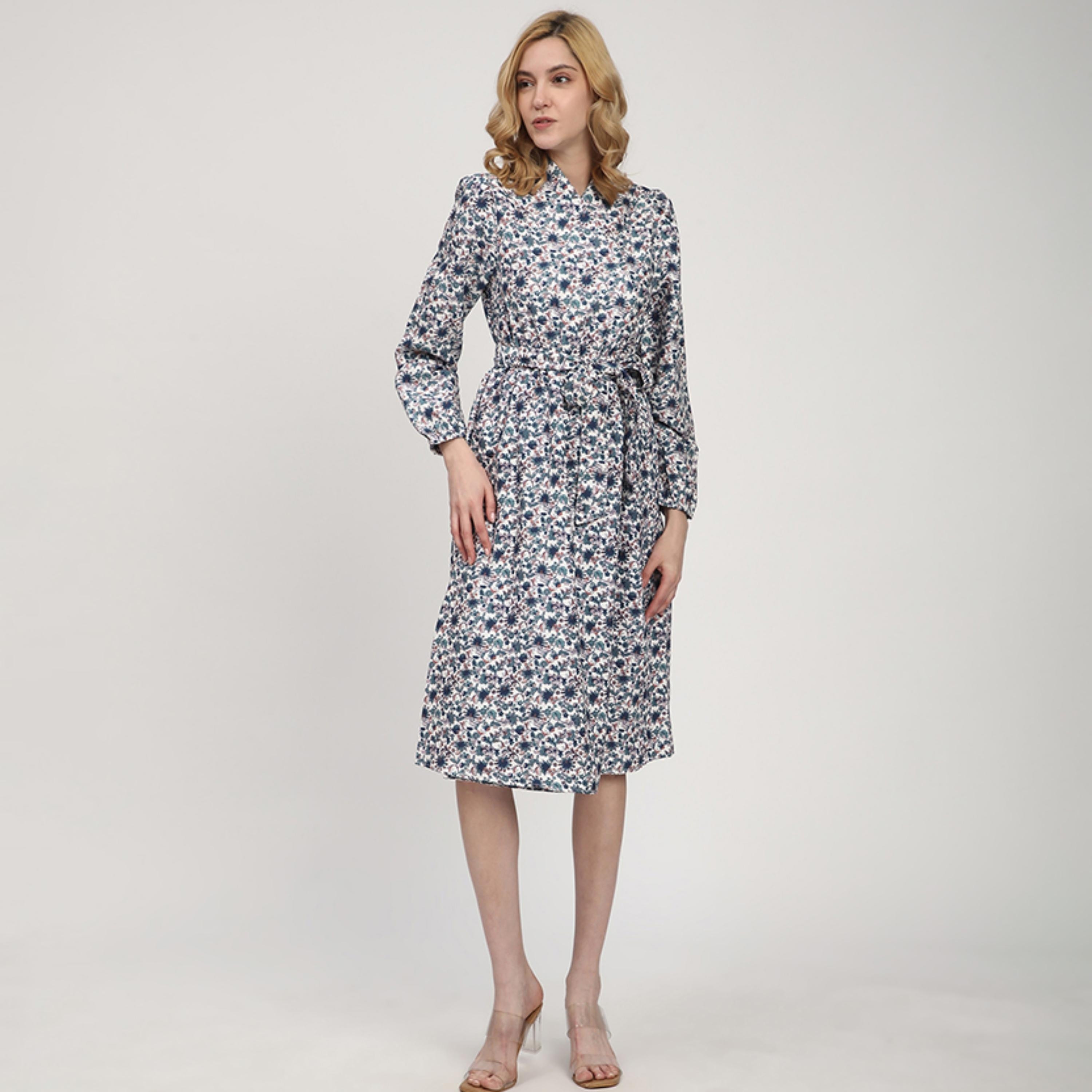 فستان نسائي أبيض بطبعة زهور وأكمام مرنة حتى الركبة من بيفرلي هيلز بولو كلوب-women-clothing-dresses-image-1