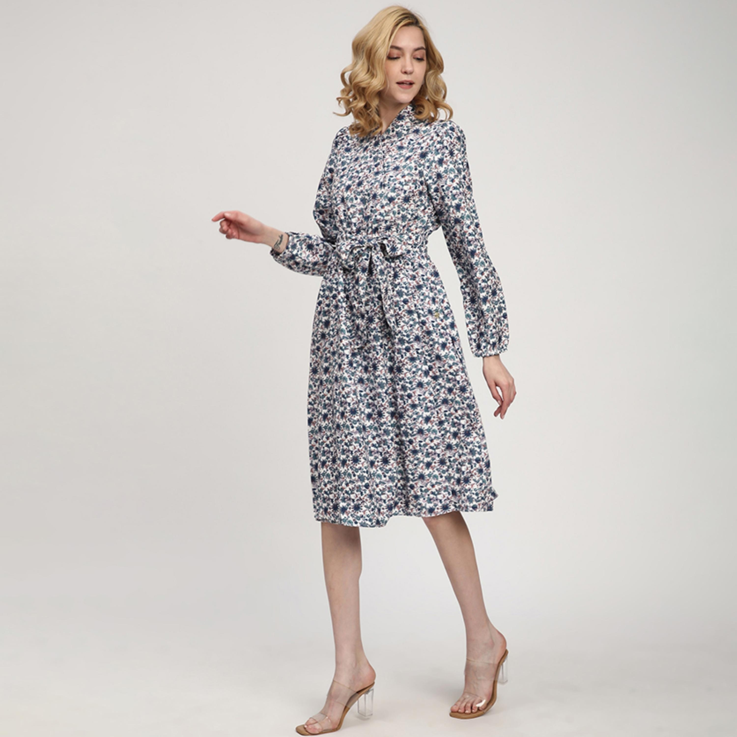 فستان نسائي أبيض بطبعة زهور وأكمام مرنة حتى الركبة من بيفرلي هيلز بولو كلوب-women-clothing-dresses-image-2