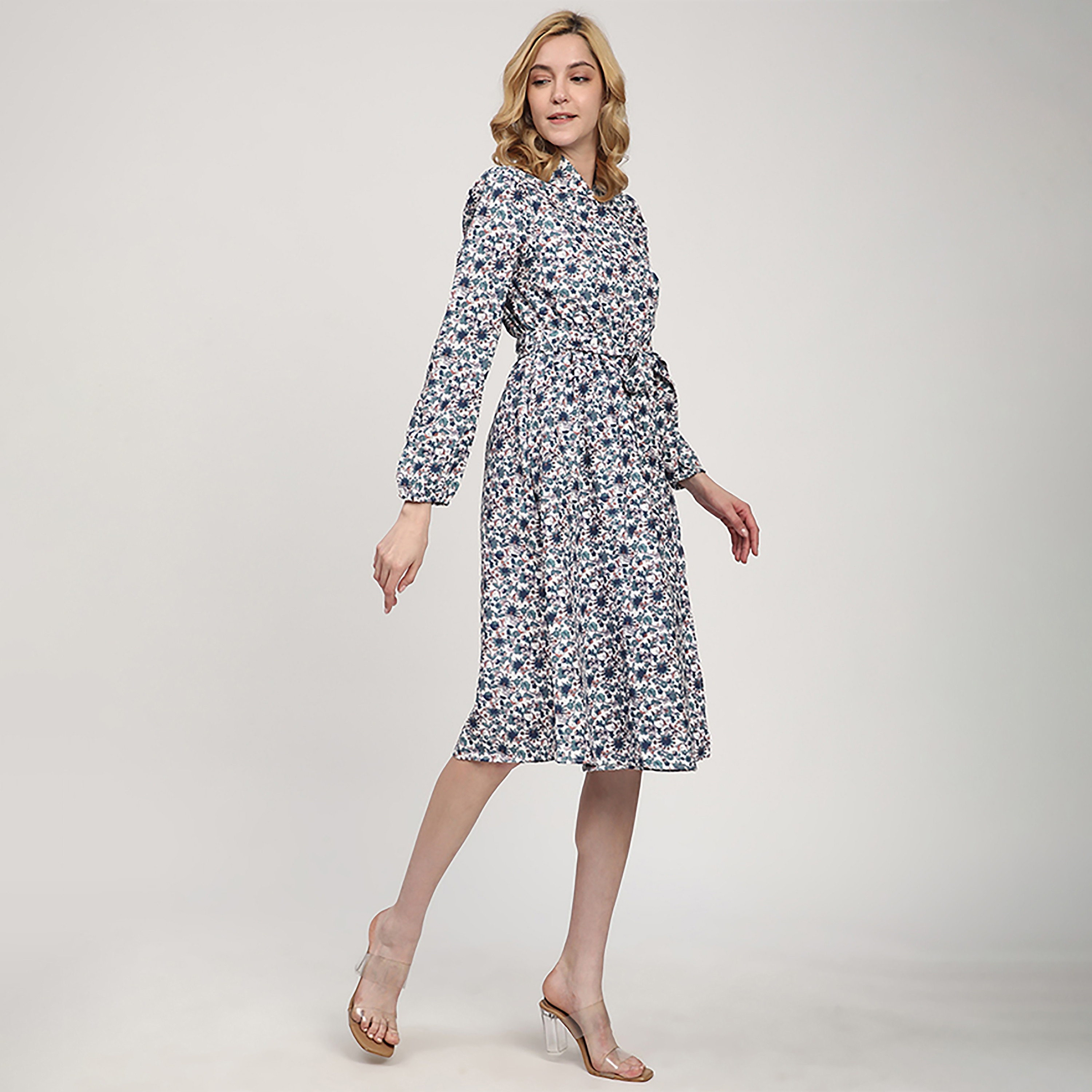 فستان نسائي أبيض بطبعة زهور وأكمام مرنة حتى الركبة من بيفرلي هيلز بولو كلوب-women-clothing-dresses-image-3