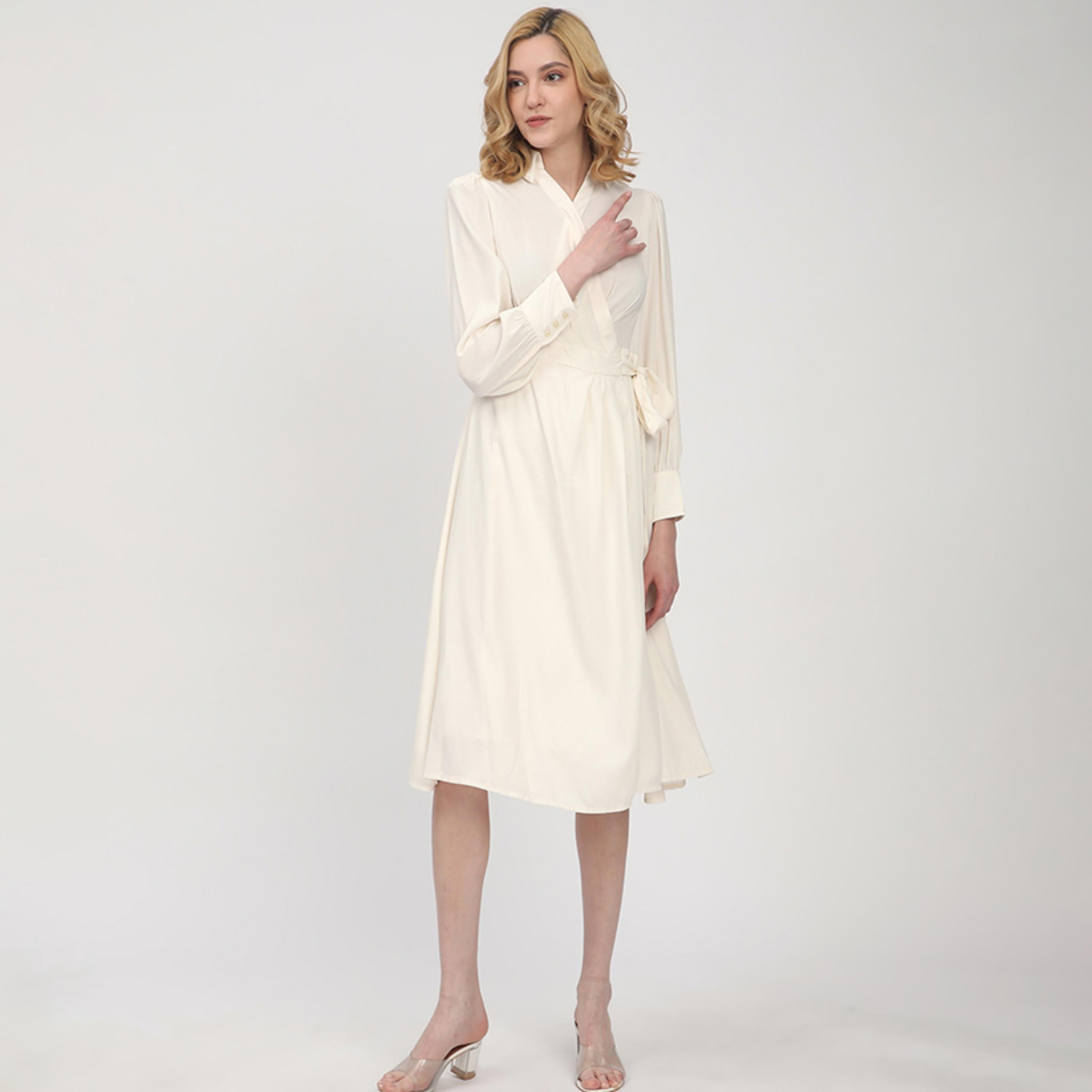 Beverly Hills Polo Club Collared Cuffed Sleeves Wrap Women's Midi Dress-women-clothing-dresses-image-1