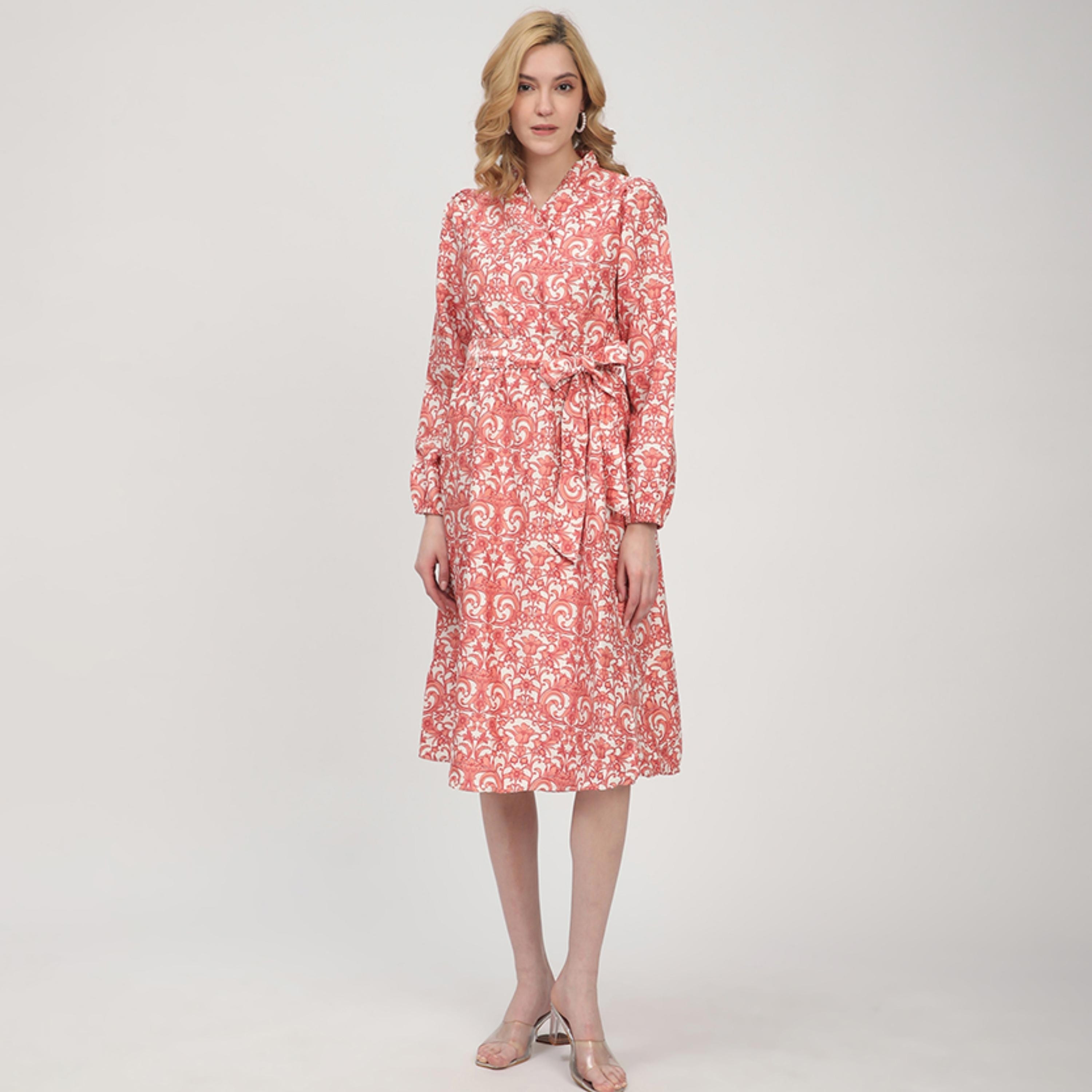 Beverly Hills Polo Club Red Floral Print Elasticated Cuff Sleeves Wrap Women's Midi Dress-women-clothing-dresses-image-1