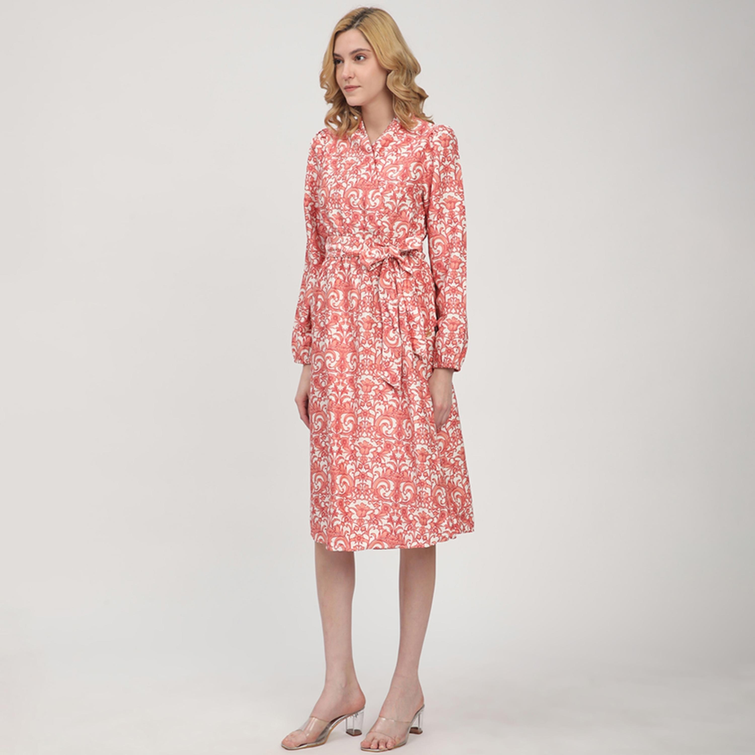 Beverly Hills Polo Club Red Floral Print Elasticated Cuff Sleeves Wrap Women's Midi Dress-women-clothing-dresses-image-2