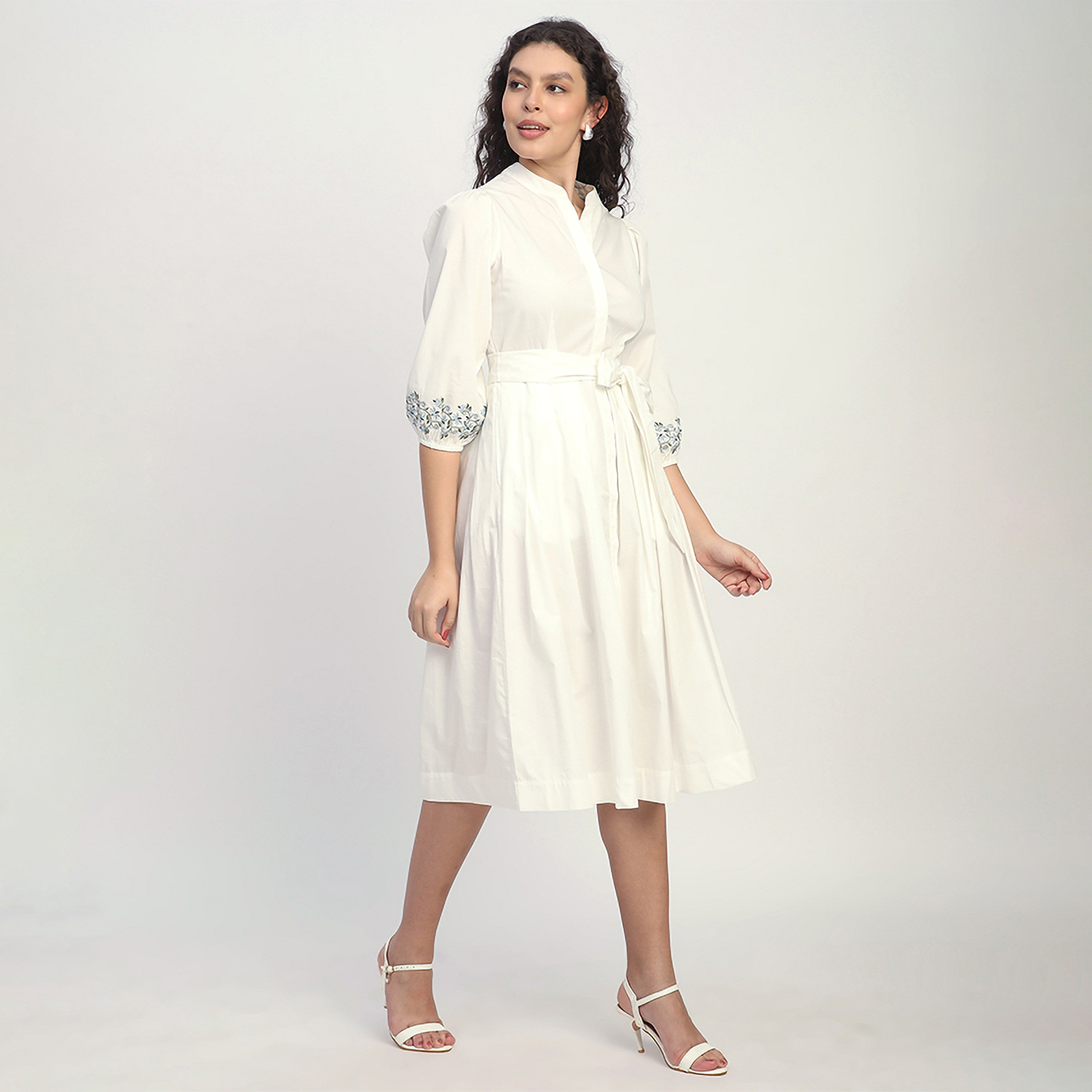 Beverly Hills Polo Club White Cotton Elasticated Cuffs Mandarin Collar Women's Shirt Midi Dress-women-clothing-dresses-image-3