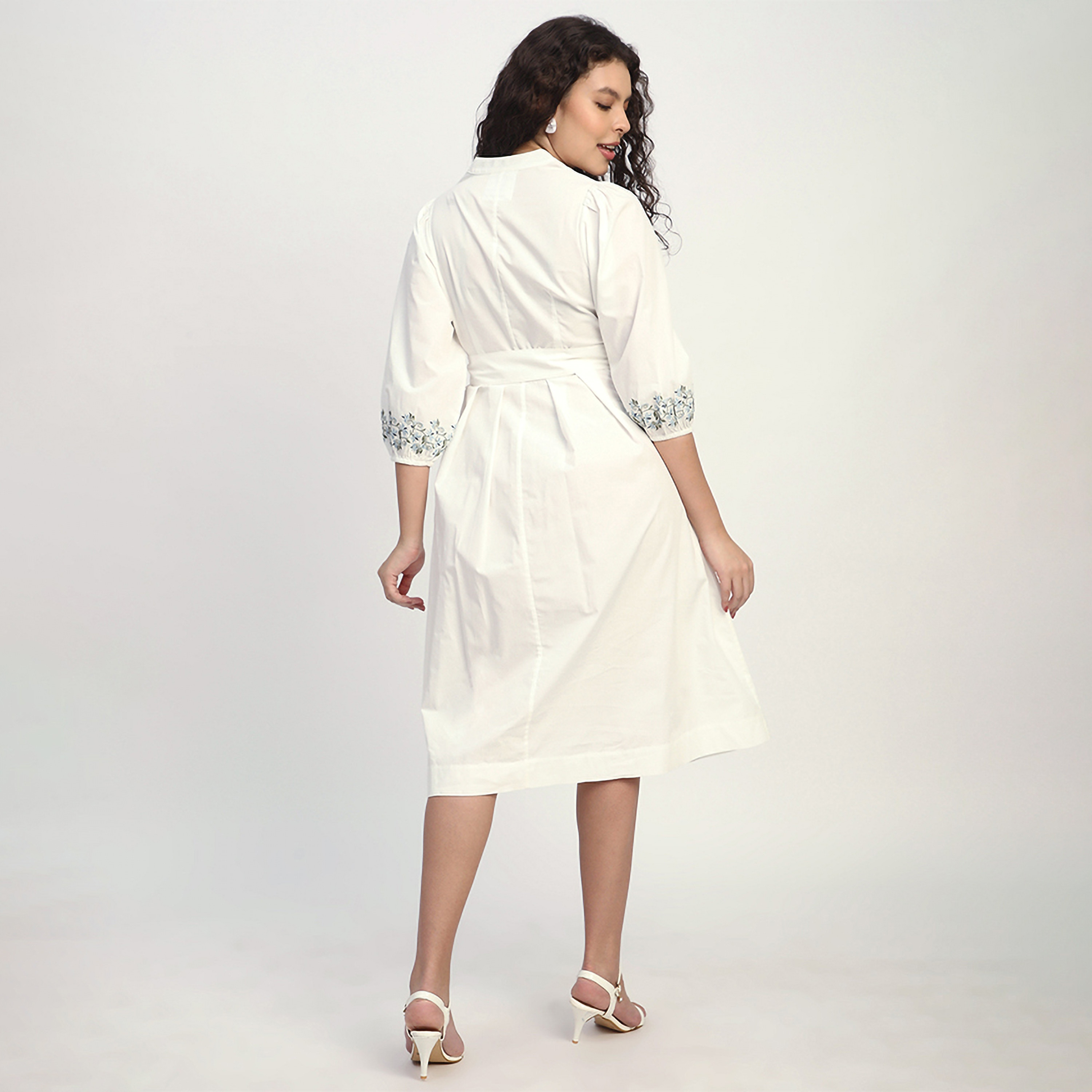 Beverly Hills Polo Club White Cotton Elasticated Cuffs Mandarin Collar Women's Shirt Midi Dress-women-clothing-dresses-image-4