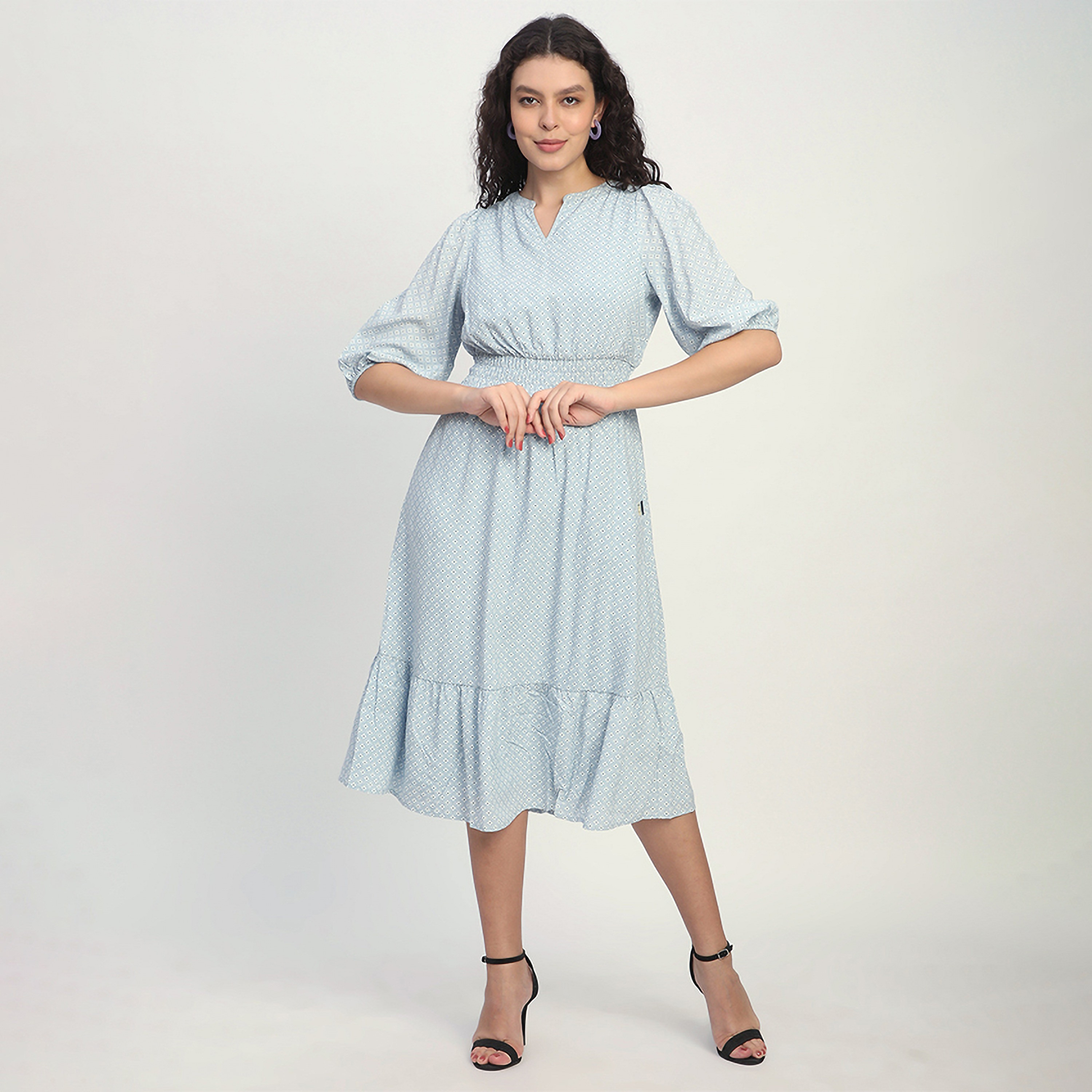 فستان متوسط الطول من القطن بطبعة هندسية وأكمام مرنة للنساء من بيفرلي هيلز بولو كلوب-women-clothing-dresses-image-1