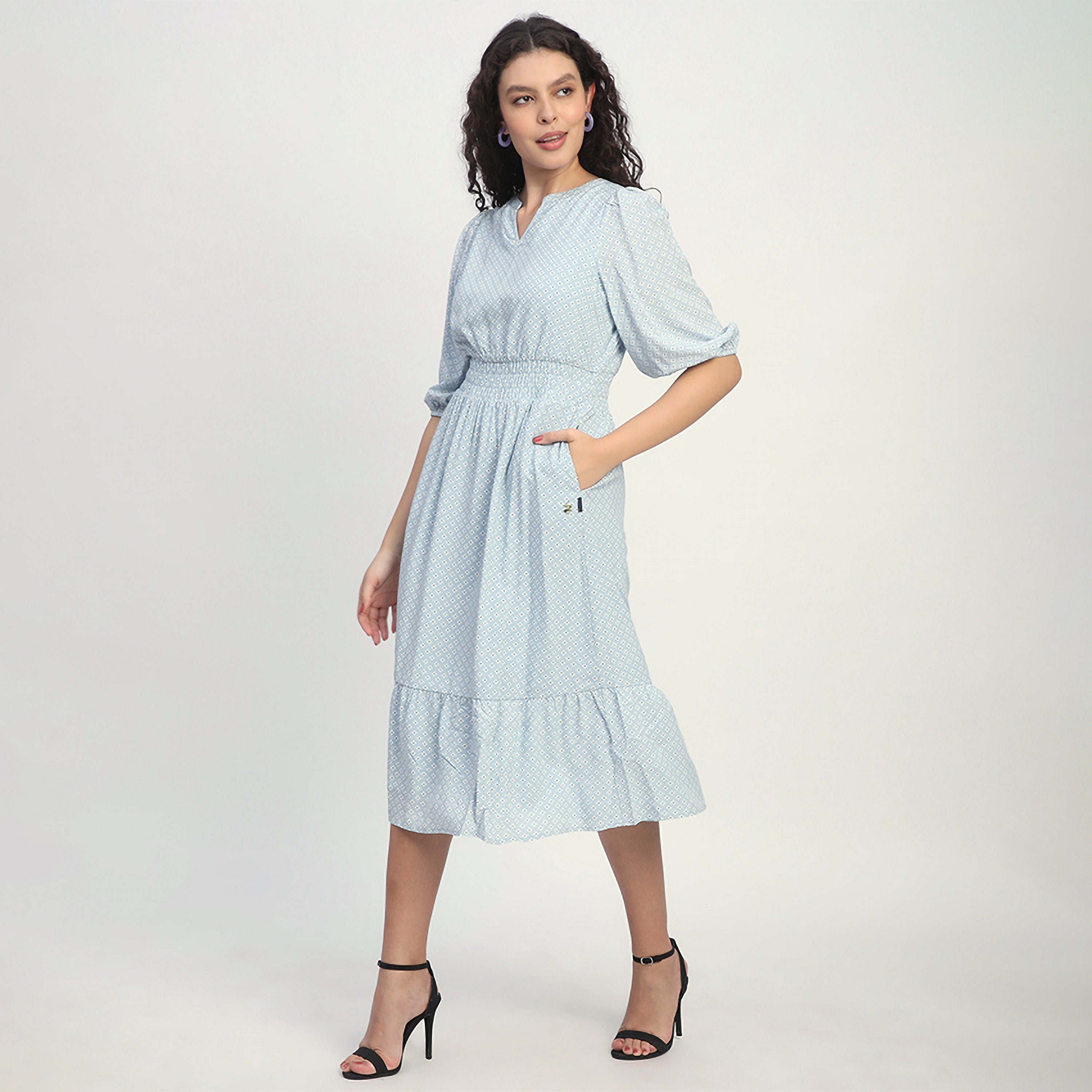 فستان متوسط الطول من القطن بطبعة هندسية وأكمام مرنة للنساء من بيفرلي هيلز بولو كلوب-women-clothing-dresses-image-2